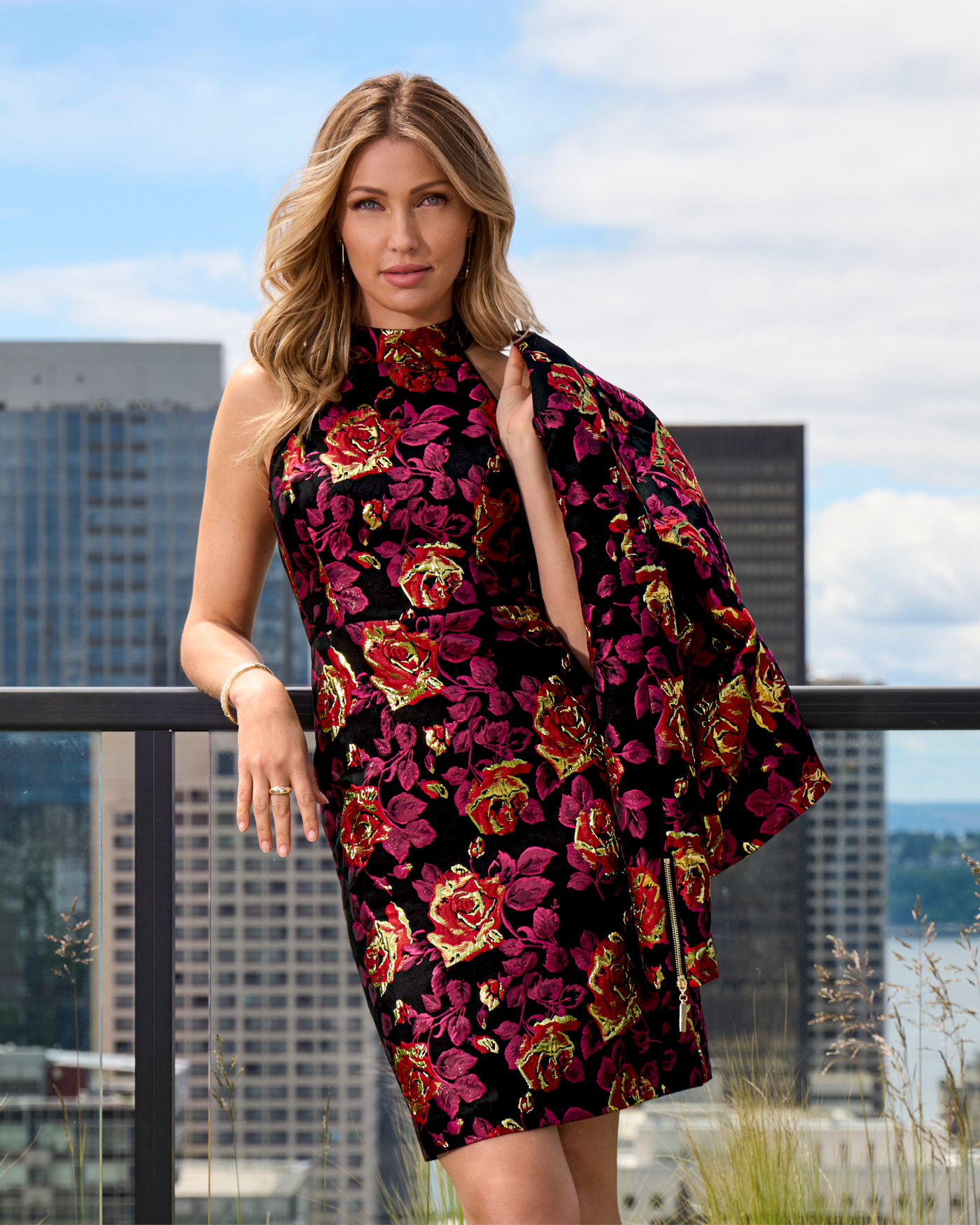 Jacquard Floral Sheath Mock Neck Dress Black Multi