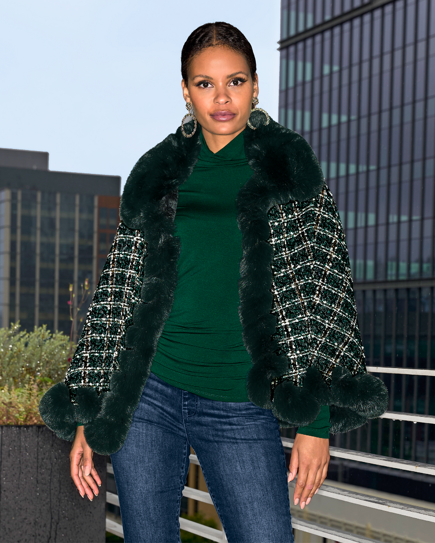 Faux Fur Trim Tweed Shawl Deep Emerald