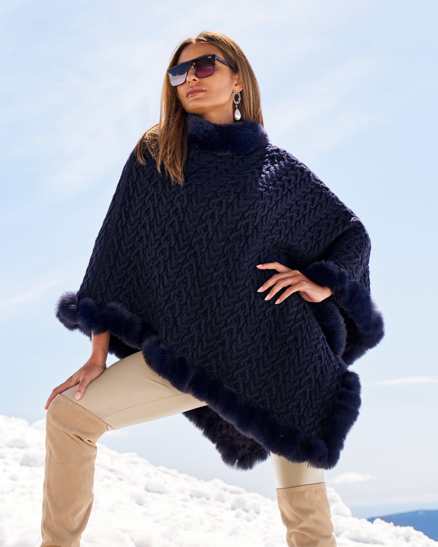 Cable Fur Trim Poncho Evening Blue