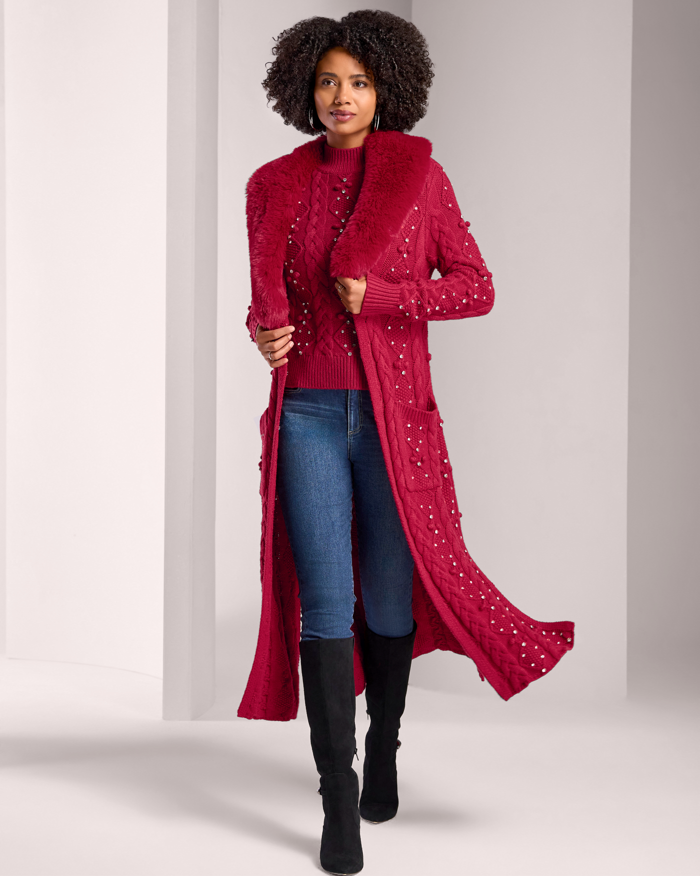 Faux Fur Embellished Cable Duster French Kiss