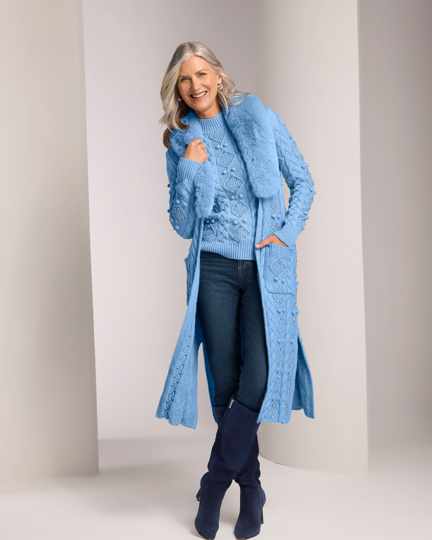 Faux Fur Embellished Cable Duster Airy Blue