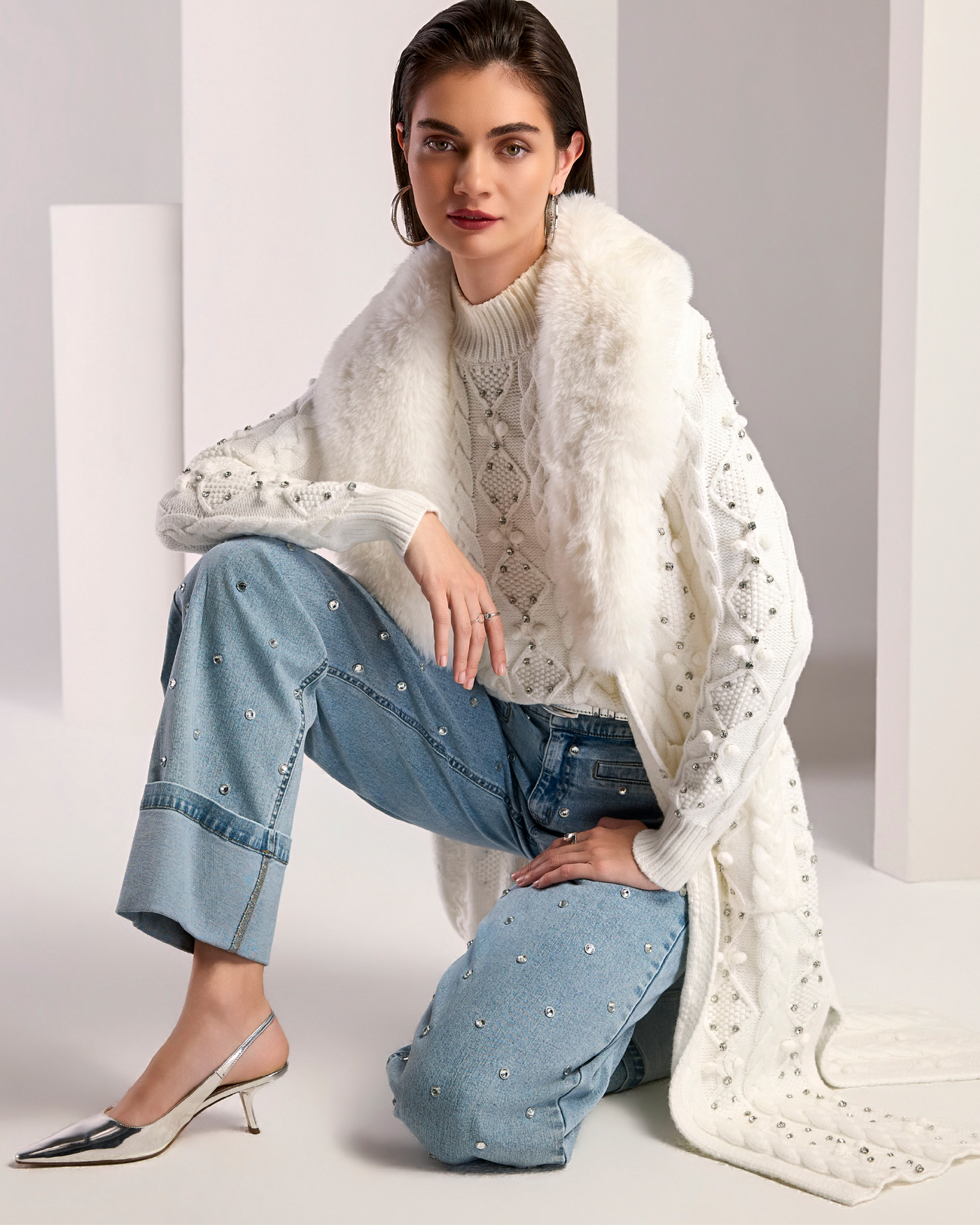 Faux Fur Embellished Cable Duster Off White