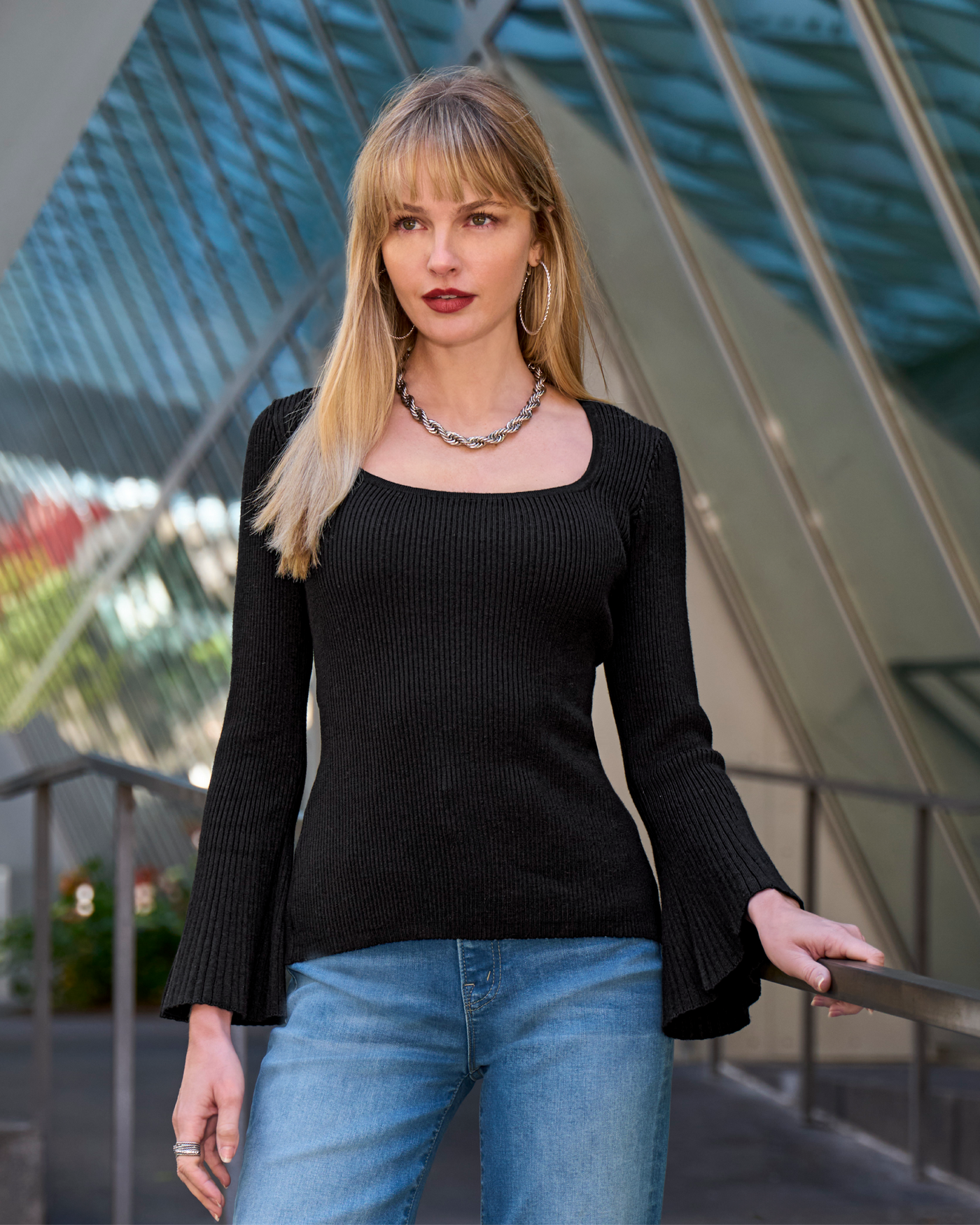 Ribbed Square Neck Flare Sleeve Black