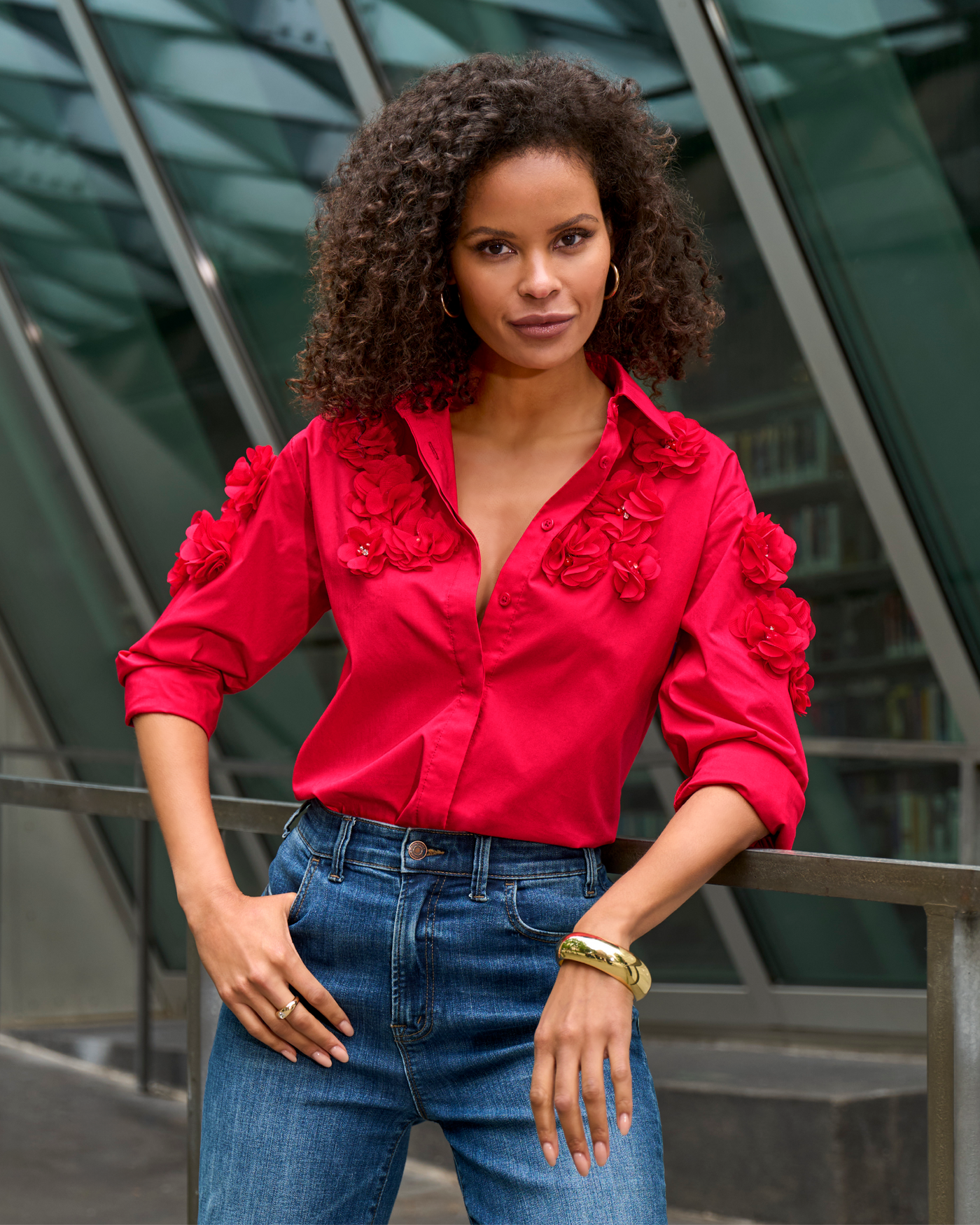 Poplin and Pearl Button Up Shirt Tomato Red