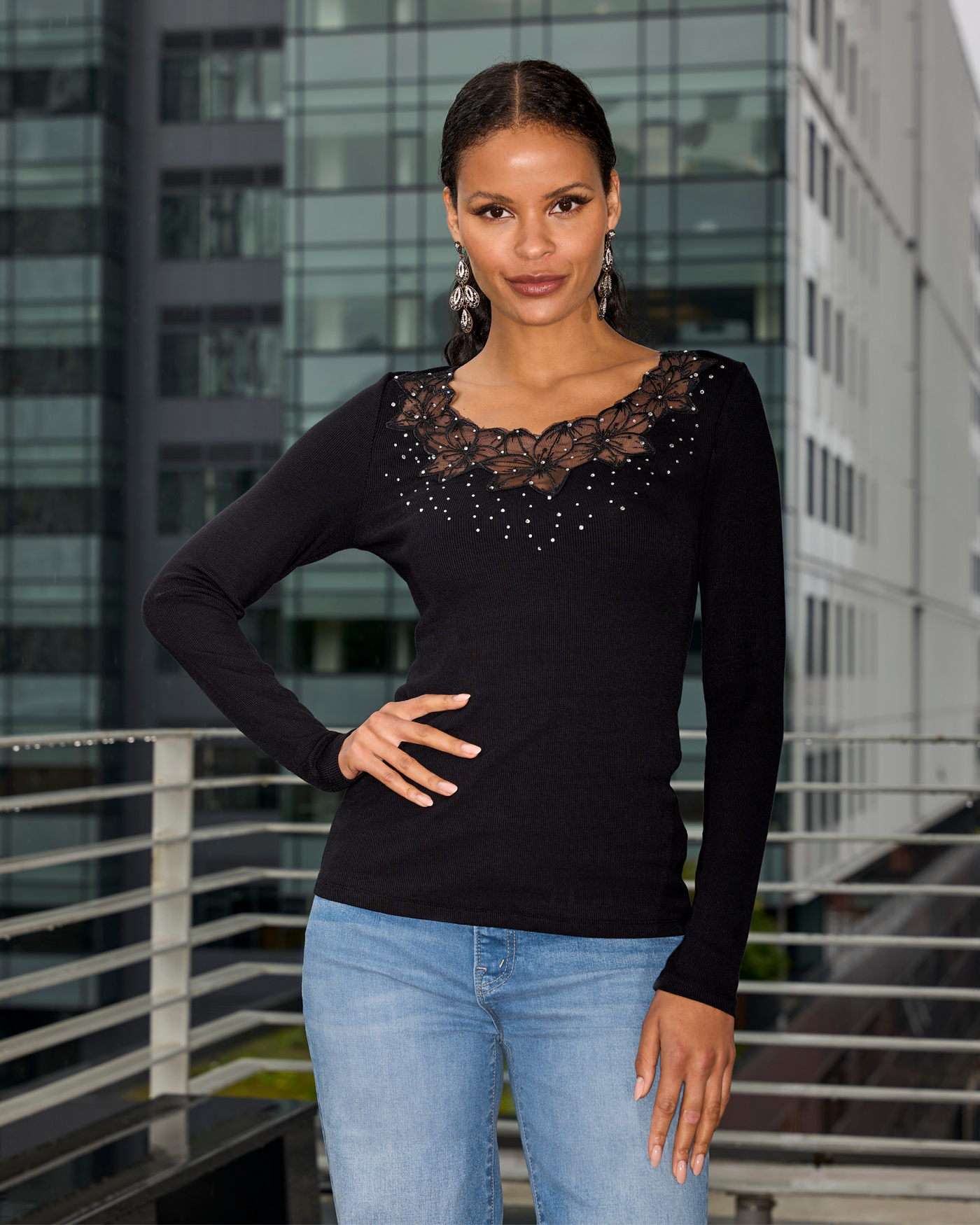 So Essential Mesh Floral Long Sleeve Ribbed Top Black