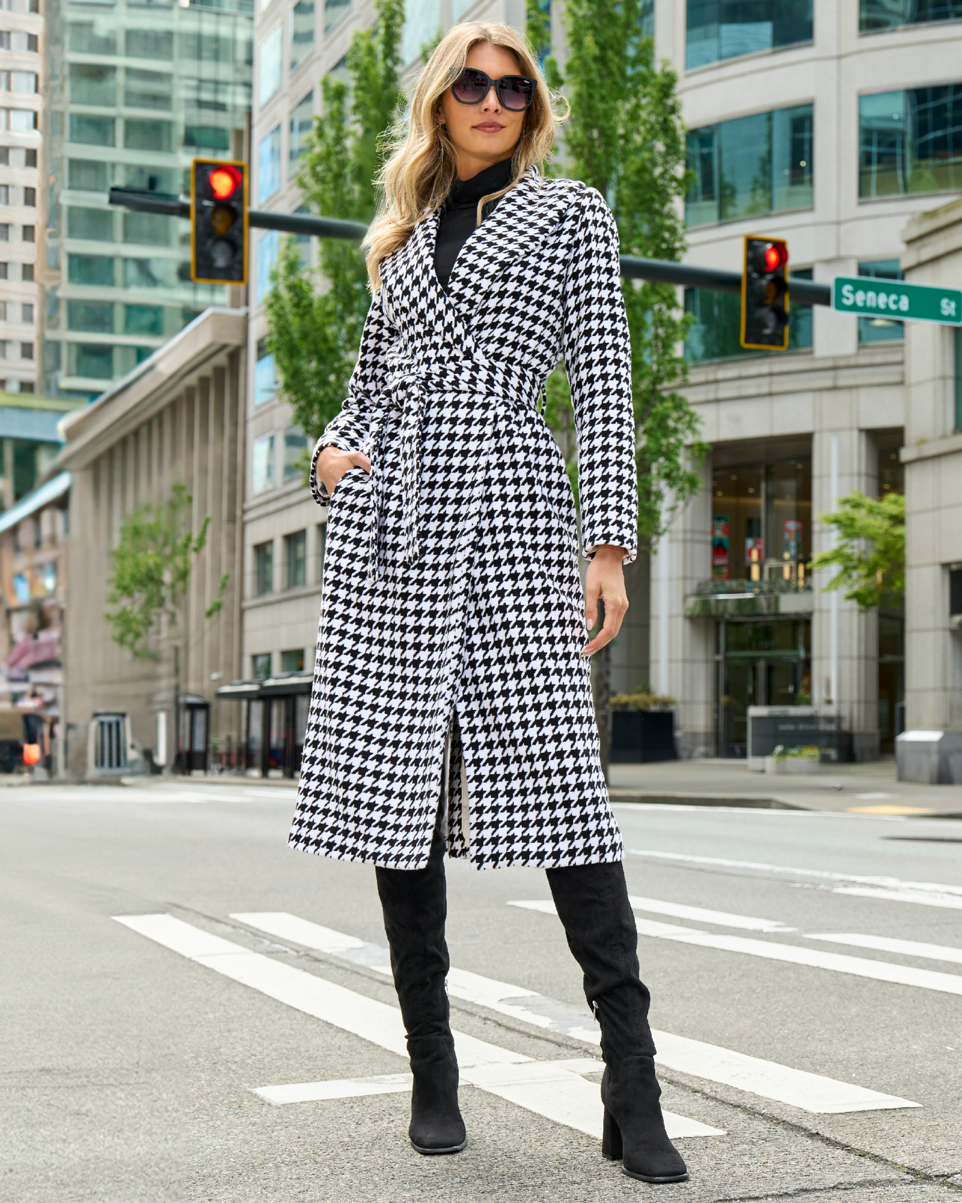Houndstooth Shawl Collar Coat Black/White