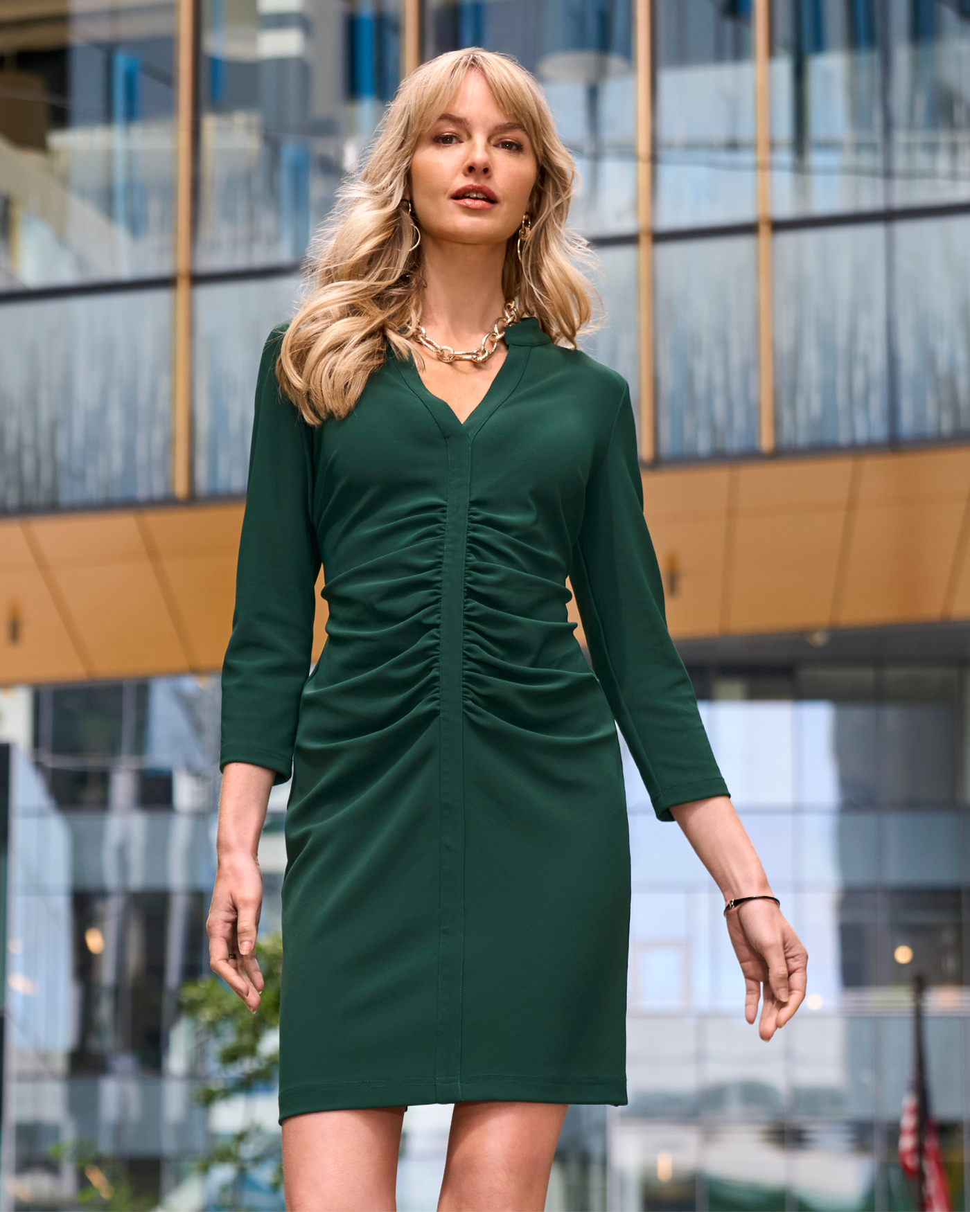 Beyond Travel Long Sleeve Ruched Short Dress Pine Grove