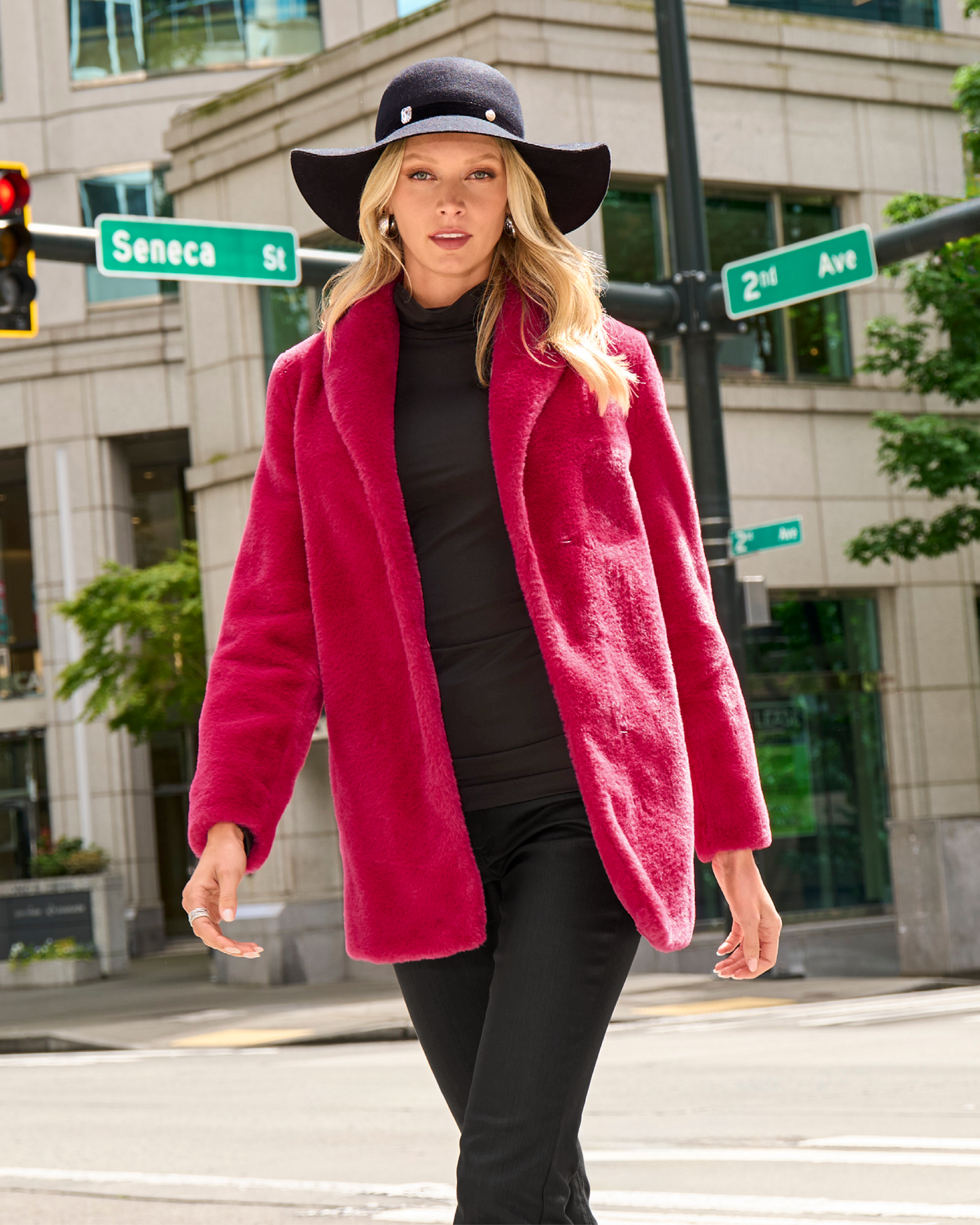 Shawl Collar Faux Fur Coat Cerise