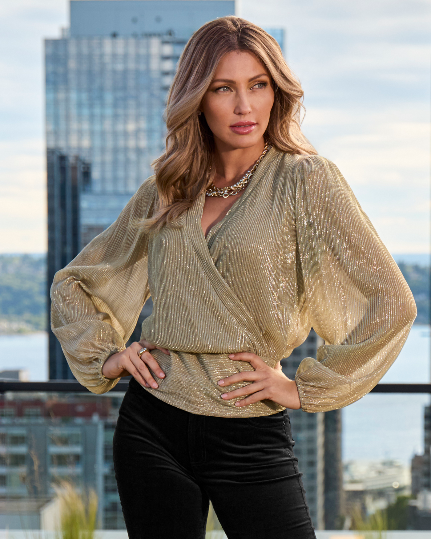 Shimmer Surplice Blouson Top Gold
