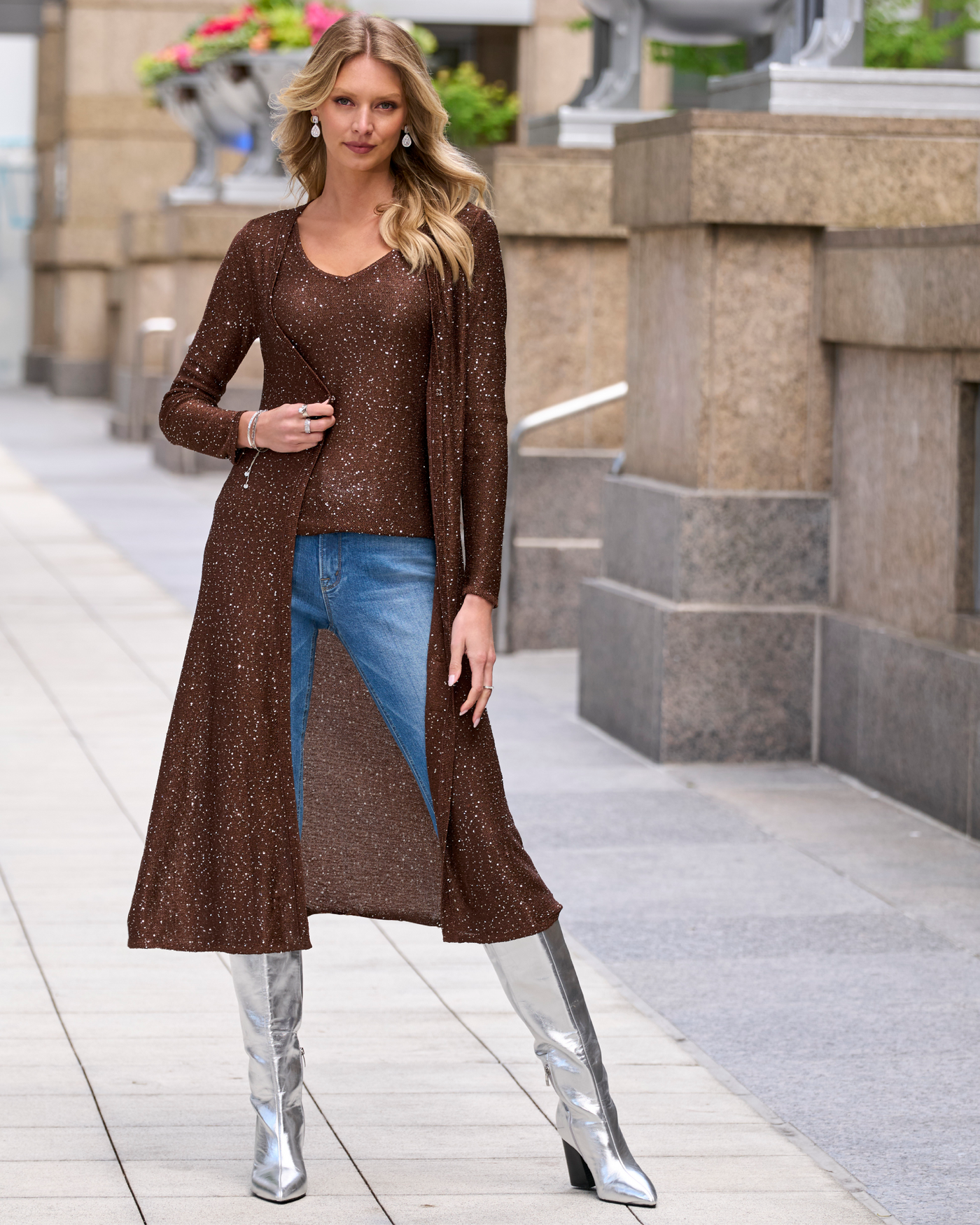 Mini Sequin Sweater Duster Safari Brown