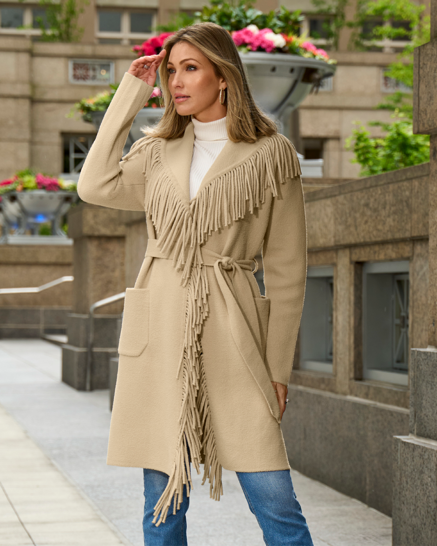 Fringe Tie Waist Coatigan Camel