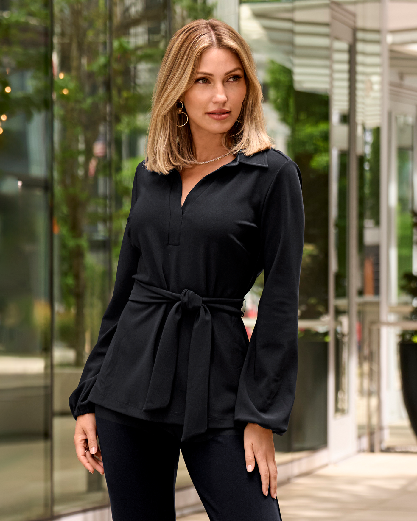 Beyond Travel Tie Waist Tunic Top Jet Black