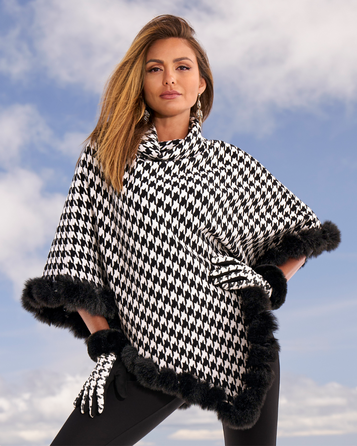 Faux Fur Trim Houndstooth Sweater Poncho Park City Houndstooth