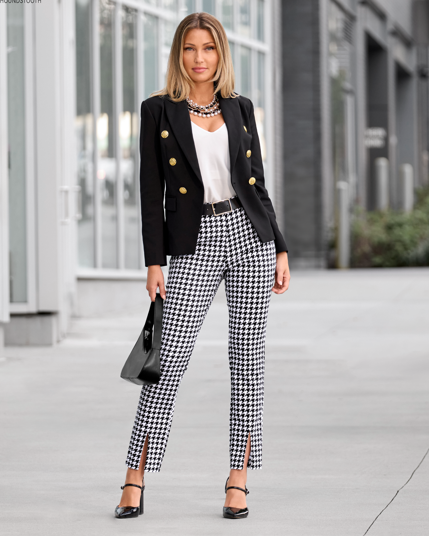 Newport Modern Slim Straight Leg Slit-Front Printed Trouser Pant Black/White