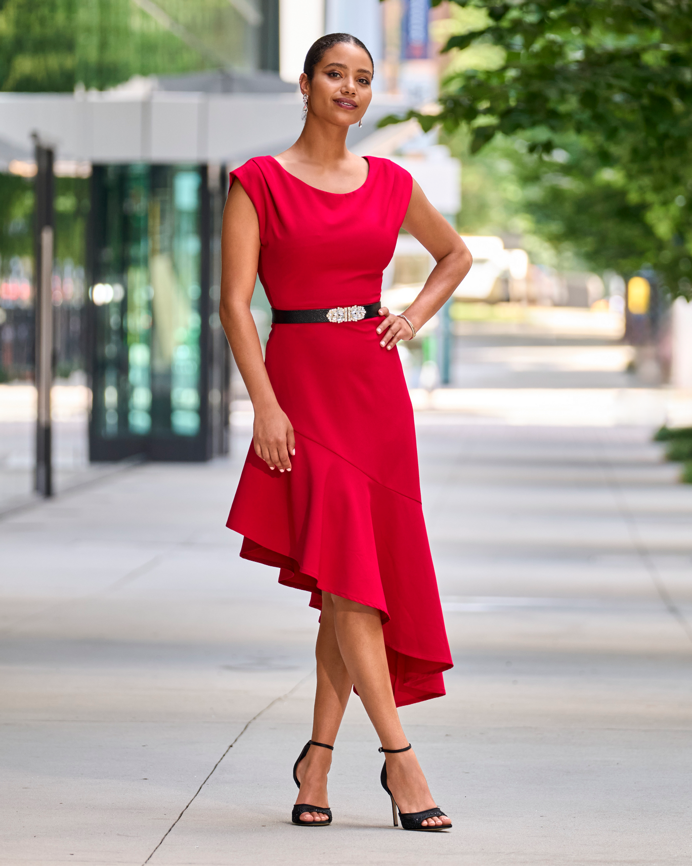 Asymmetrical Ruffle Midi Dress Racing Red