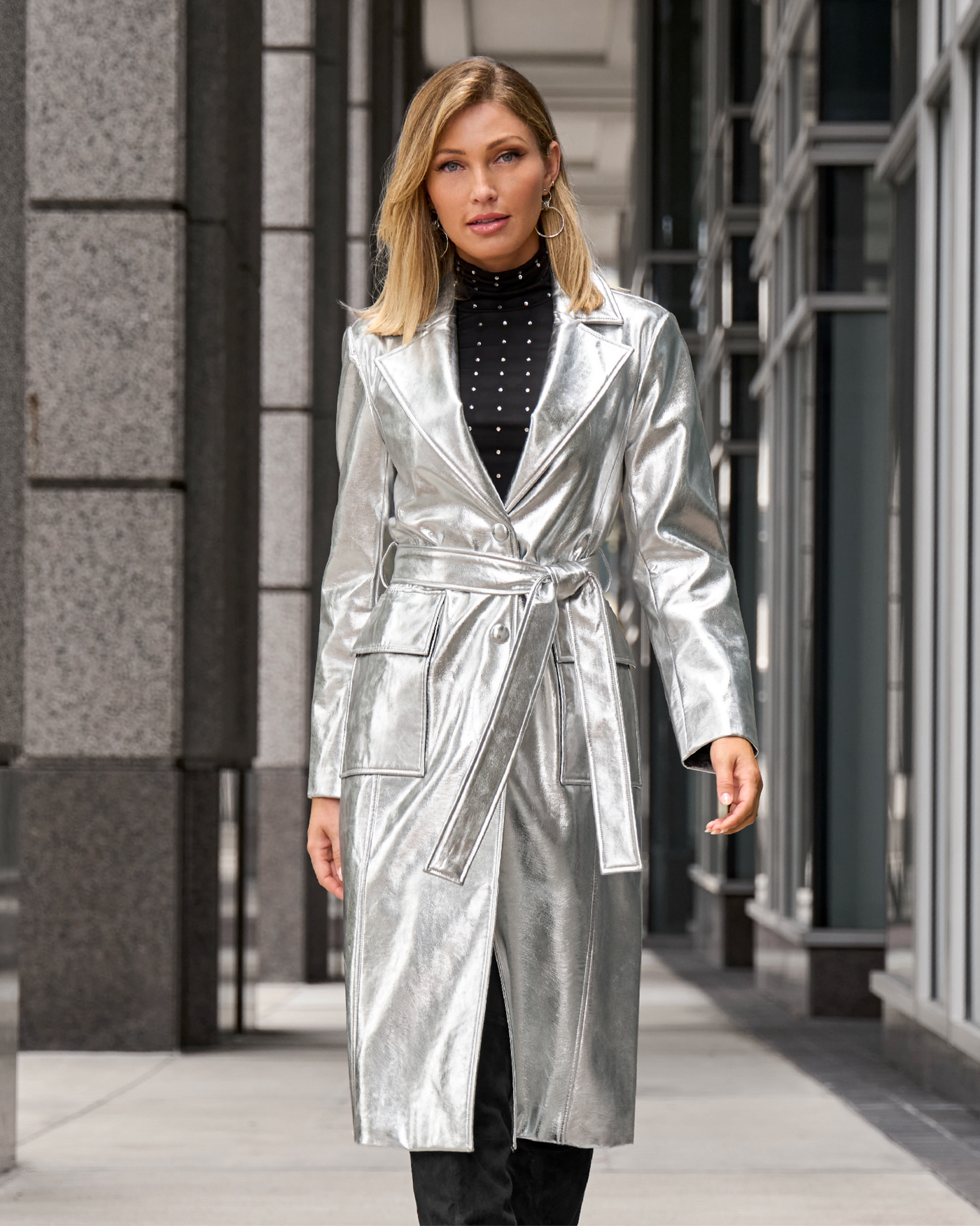 Metallic Faux Leather Blazer Style Trench Coat Silver