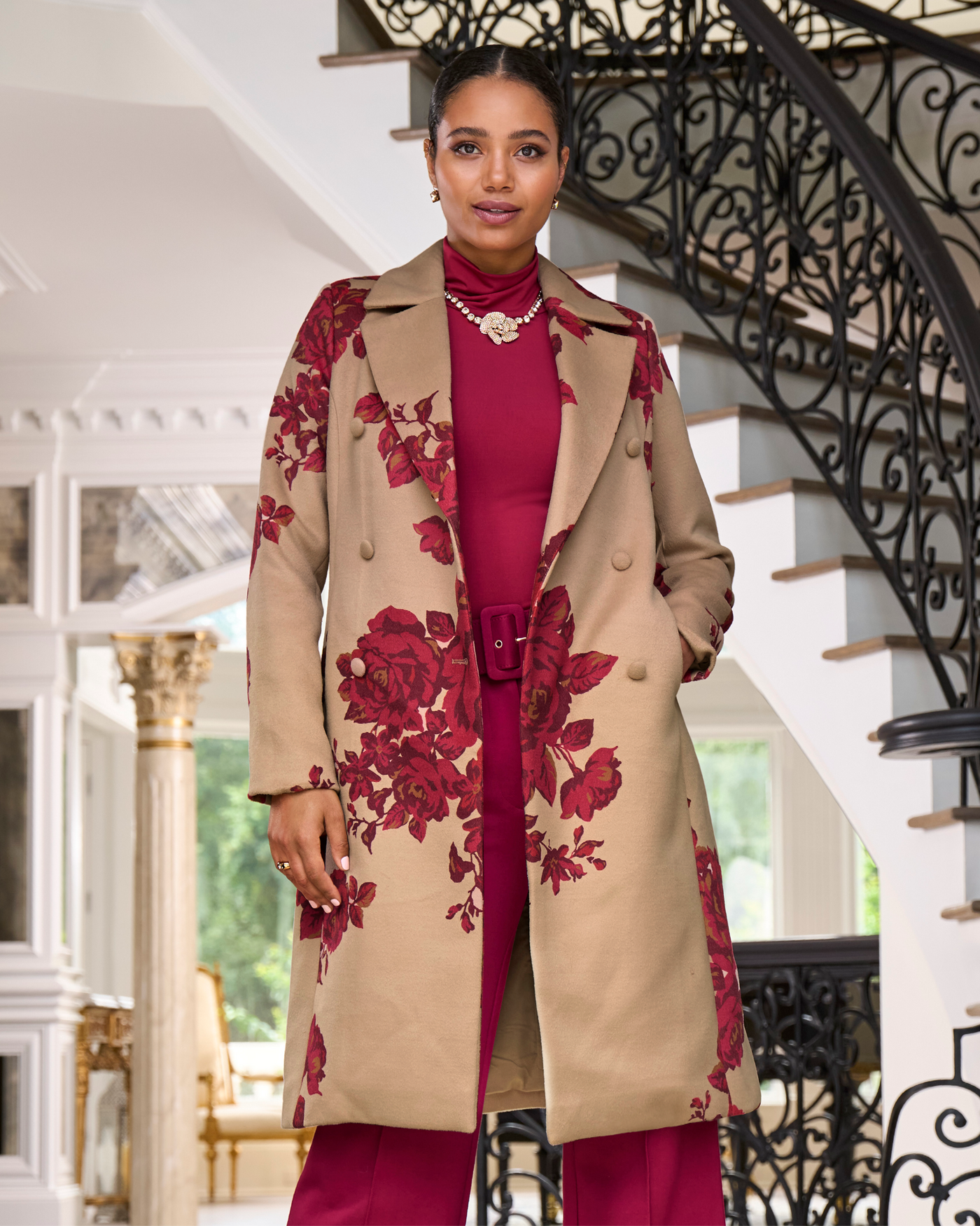 Rose Jacquard Coat Red Multi