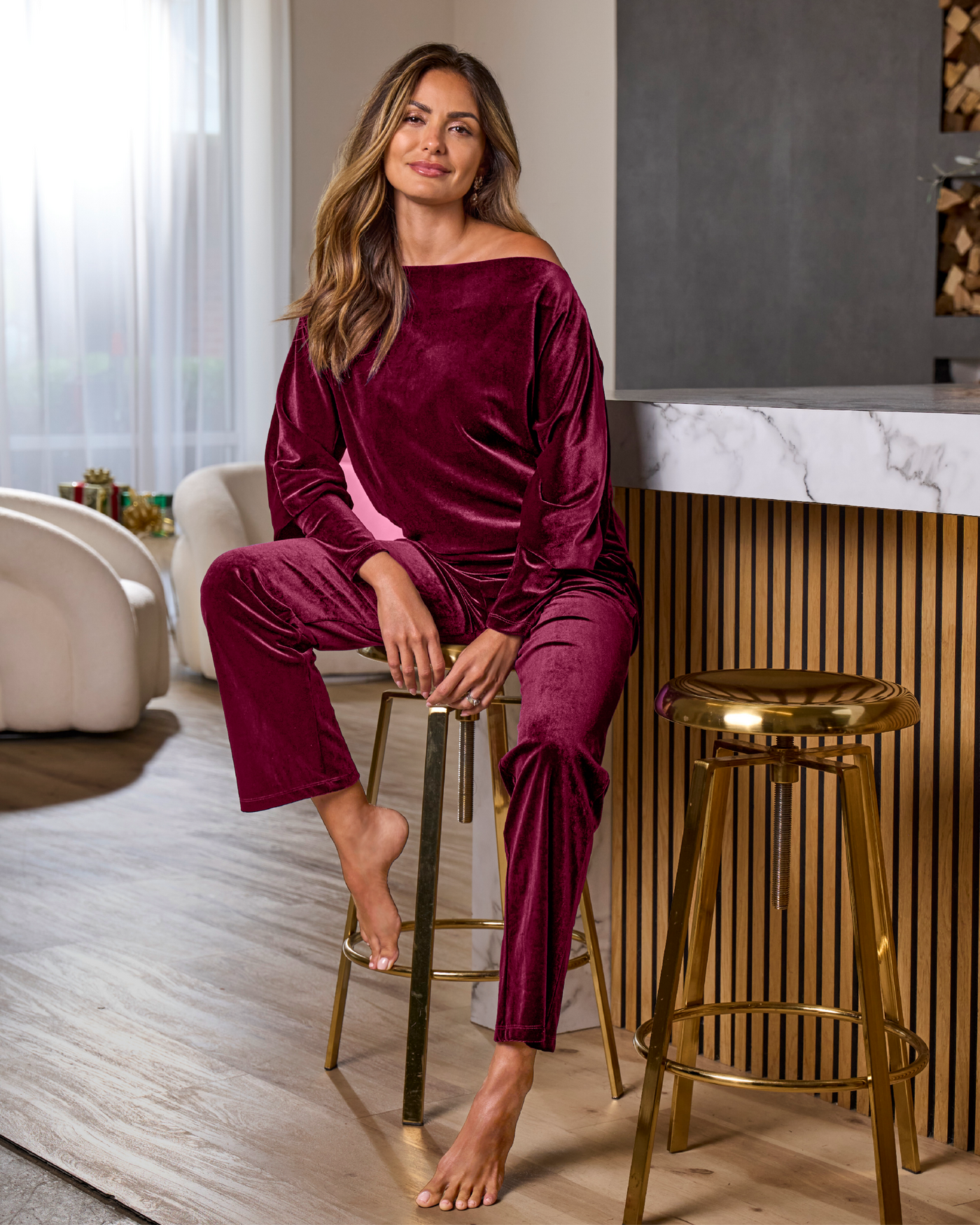 Chic Velour Slouchy and Wide Leg Lounge Set Wine