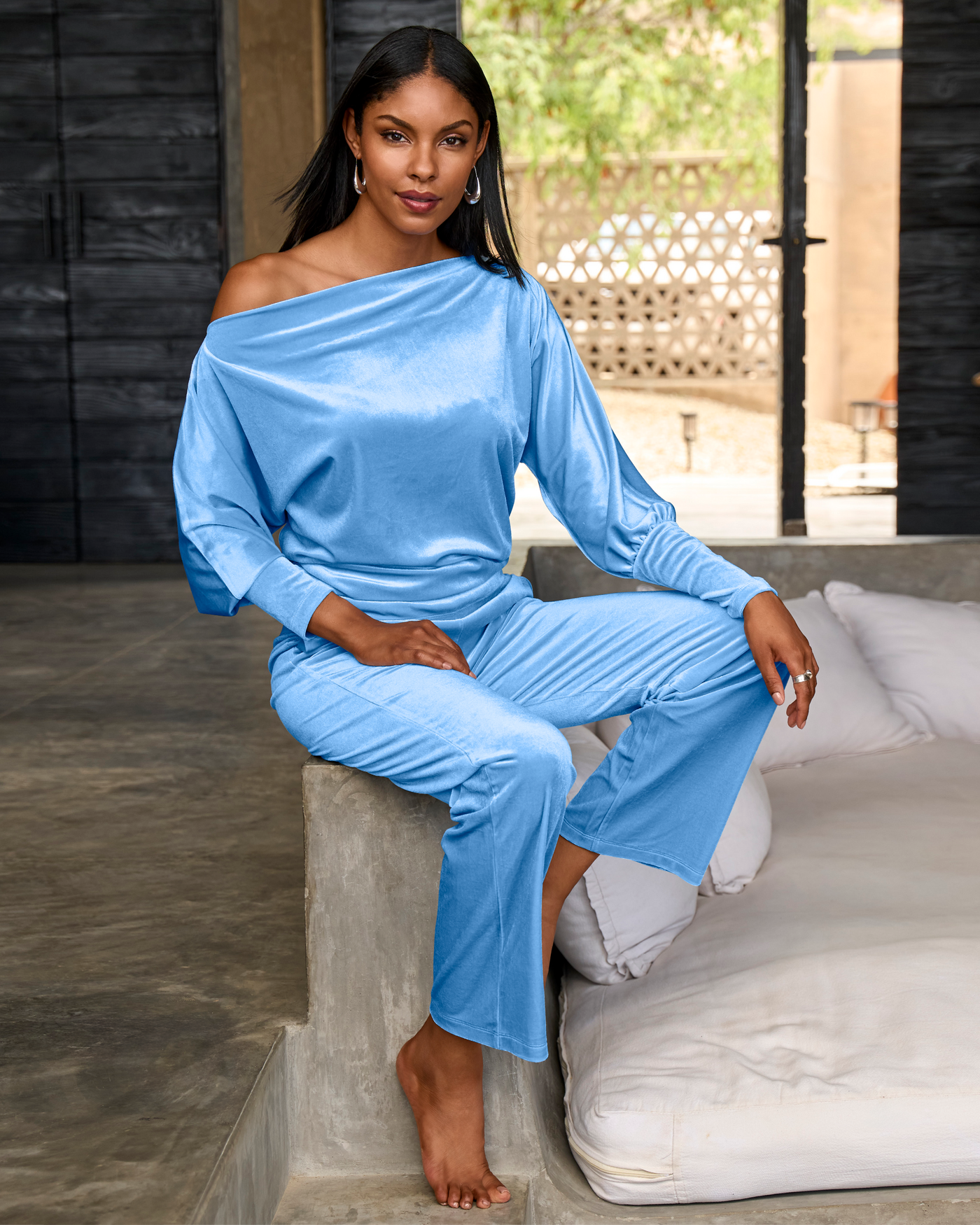 Chic Velour Slouchy and Wide Leg Lounge Set Light Blue