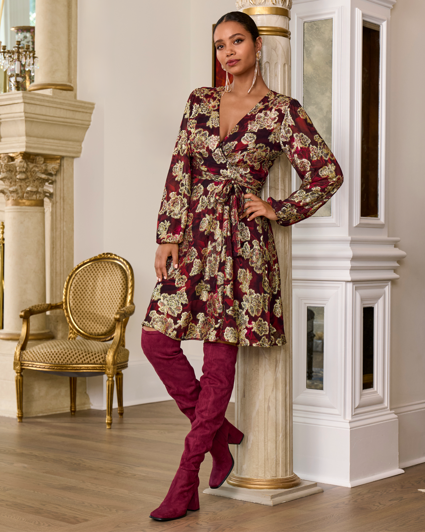 Rose Print Metallic Foil Wrap Dress Red