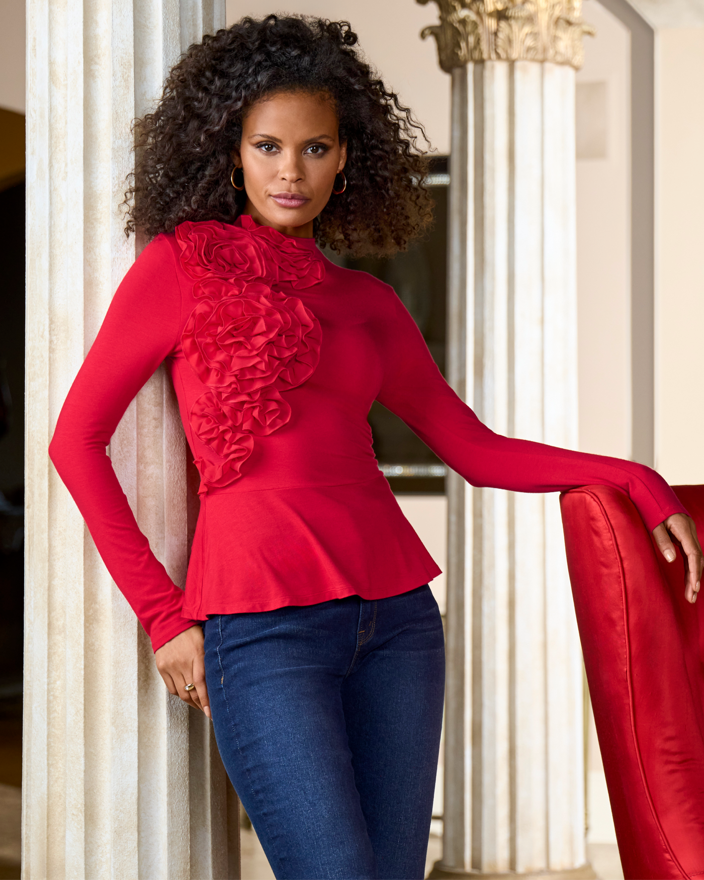 Mock Neck Chiffon Peplum Top Racing Red