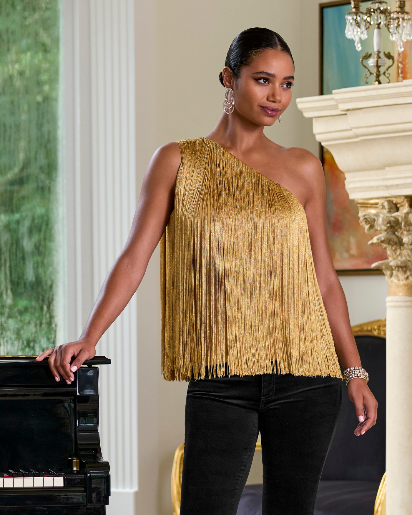 One Shoulder Fringe Top Gold