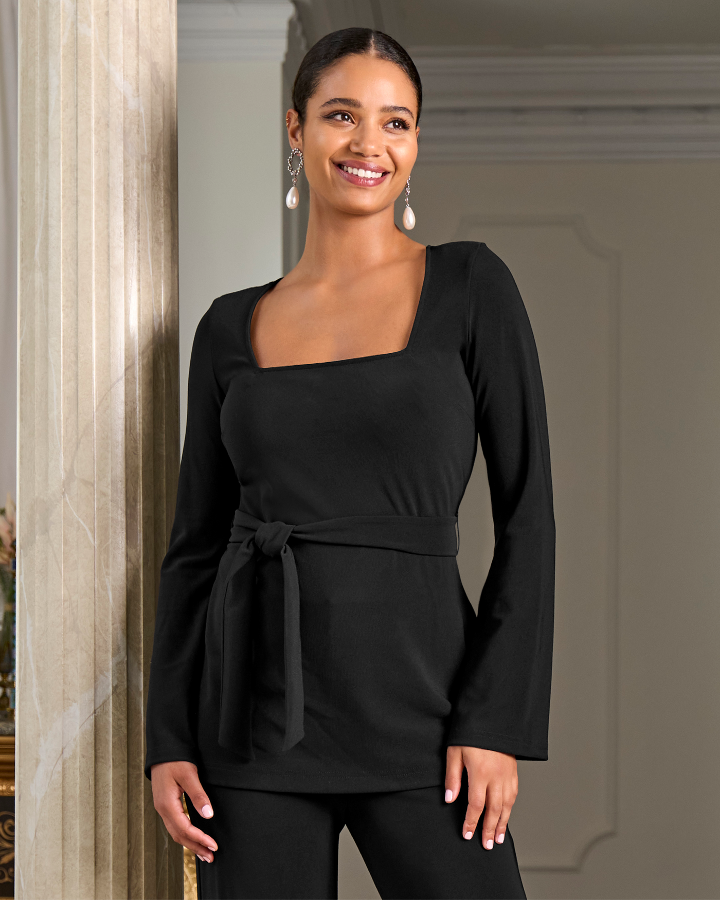 Beyond Travel Square Neck Tie Waist Top Jet Black