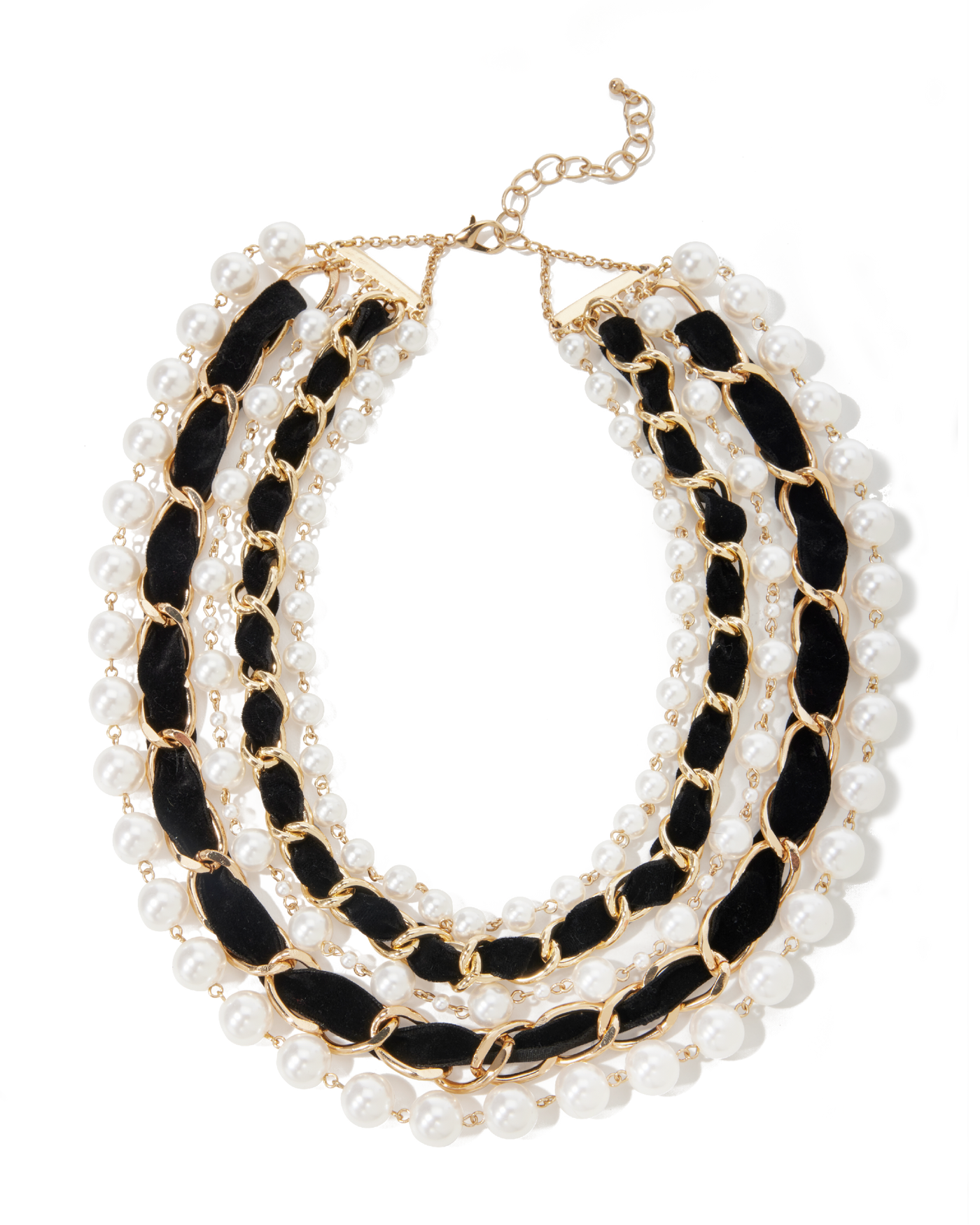 Velvet Chain and Pearl Layered Necklace Black/Gold