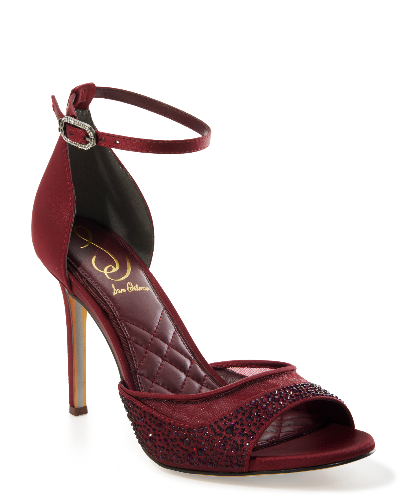 Crystal Embellished Mesh Ankle Strap Heel Burgundy