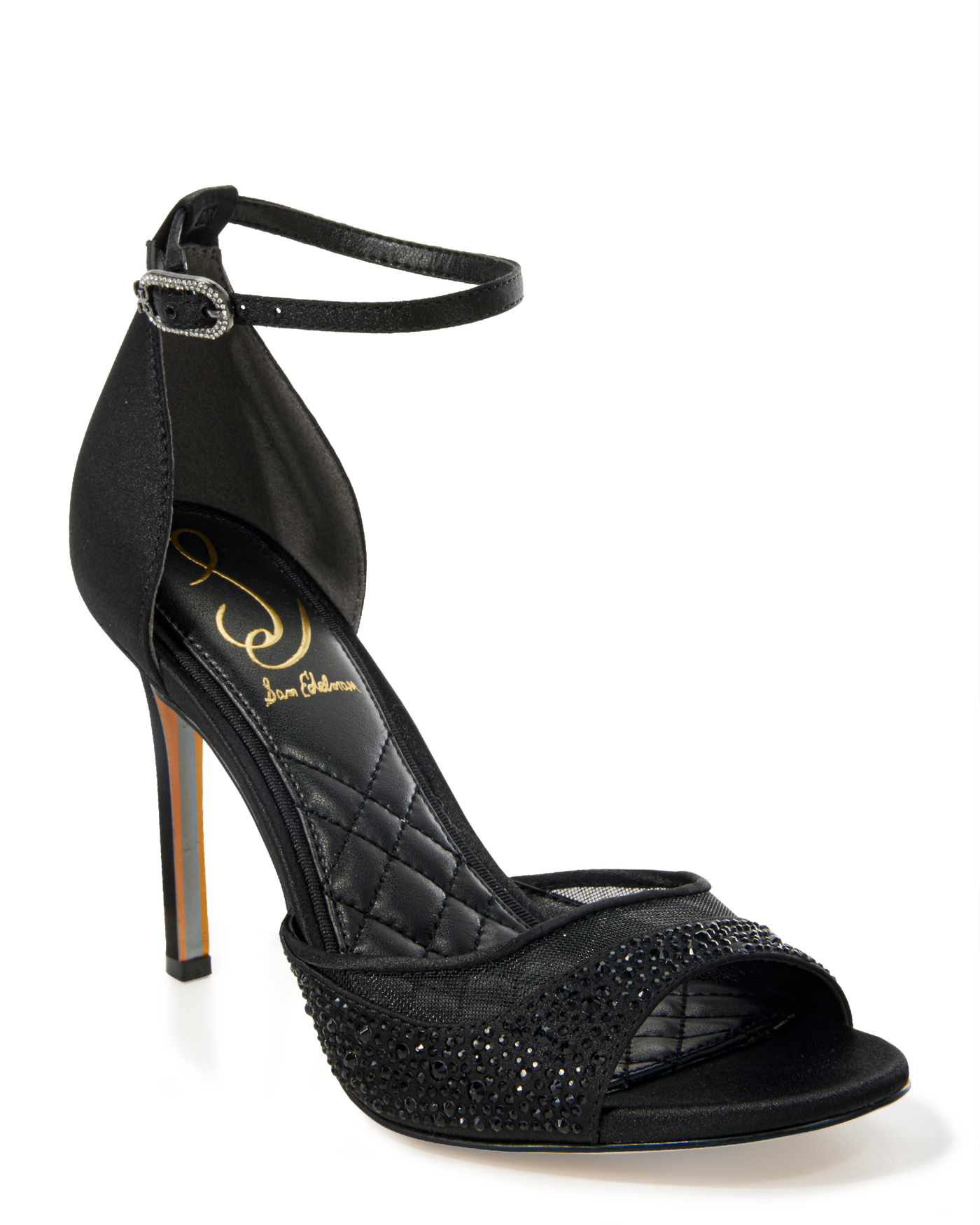 Crystal Embellished Mesh Ankle Strap Heel Black