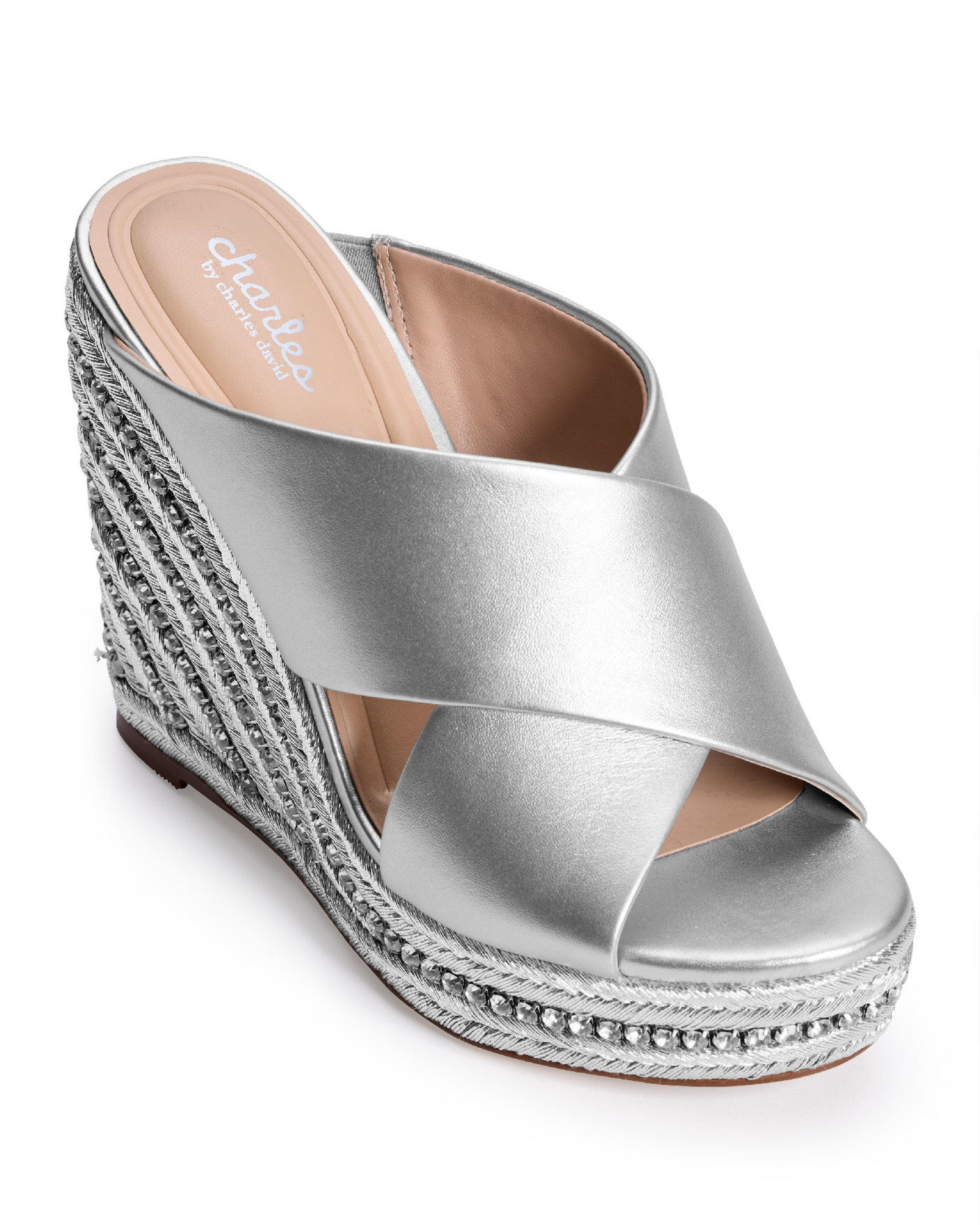 Metallic Criss Cross Rhinestone Wedge Silver