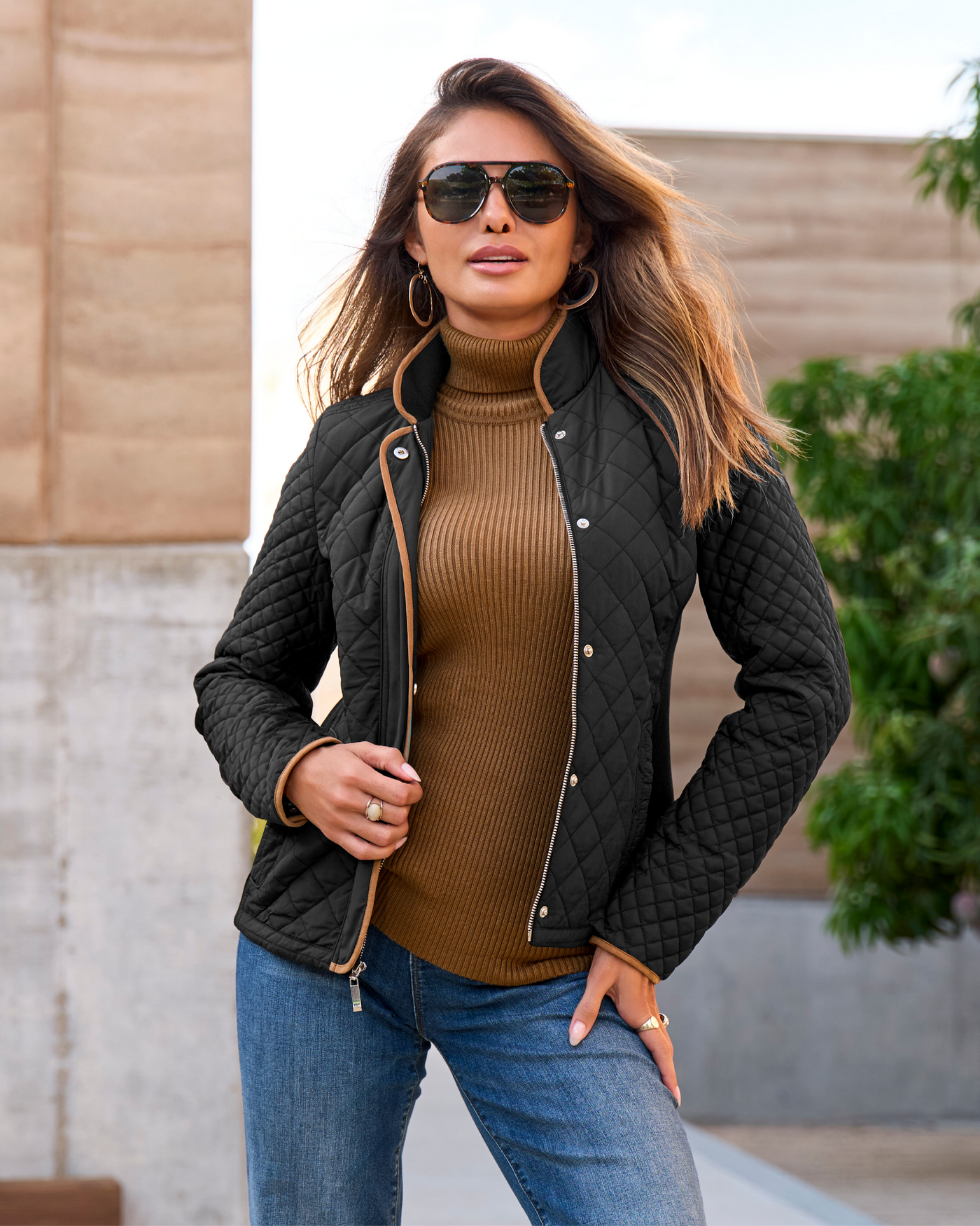 Light Weight Sweater Inset Quilted Puffer Jacket Black