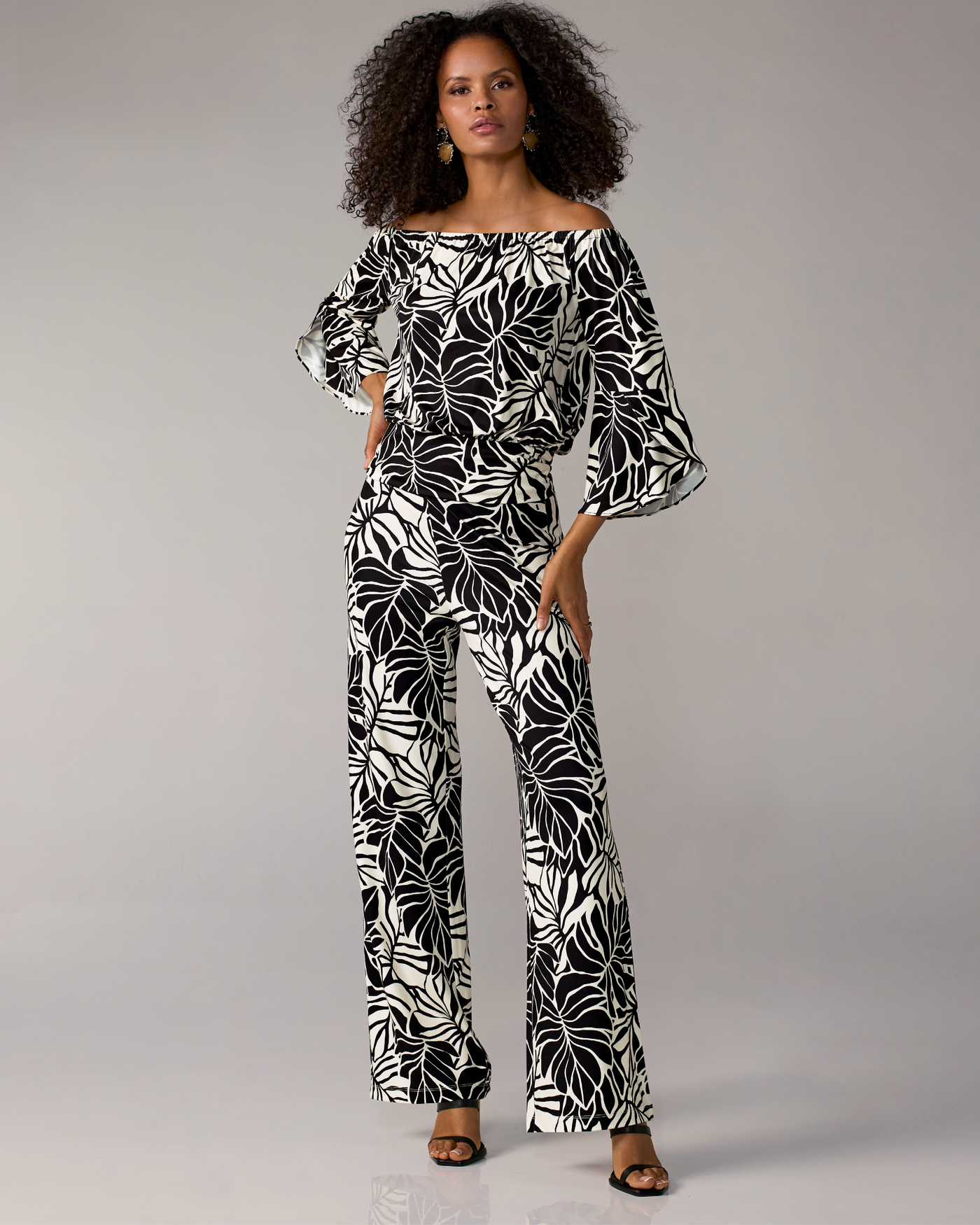 Malibu Print Wide Leg Pant Contrast Leaves