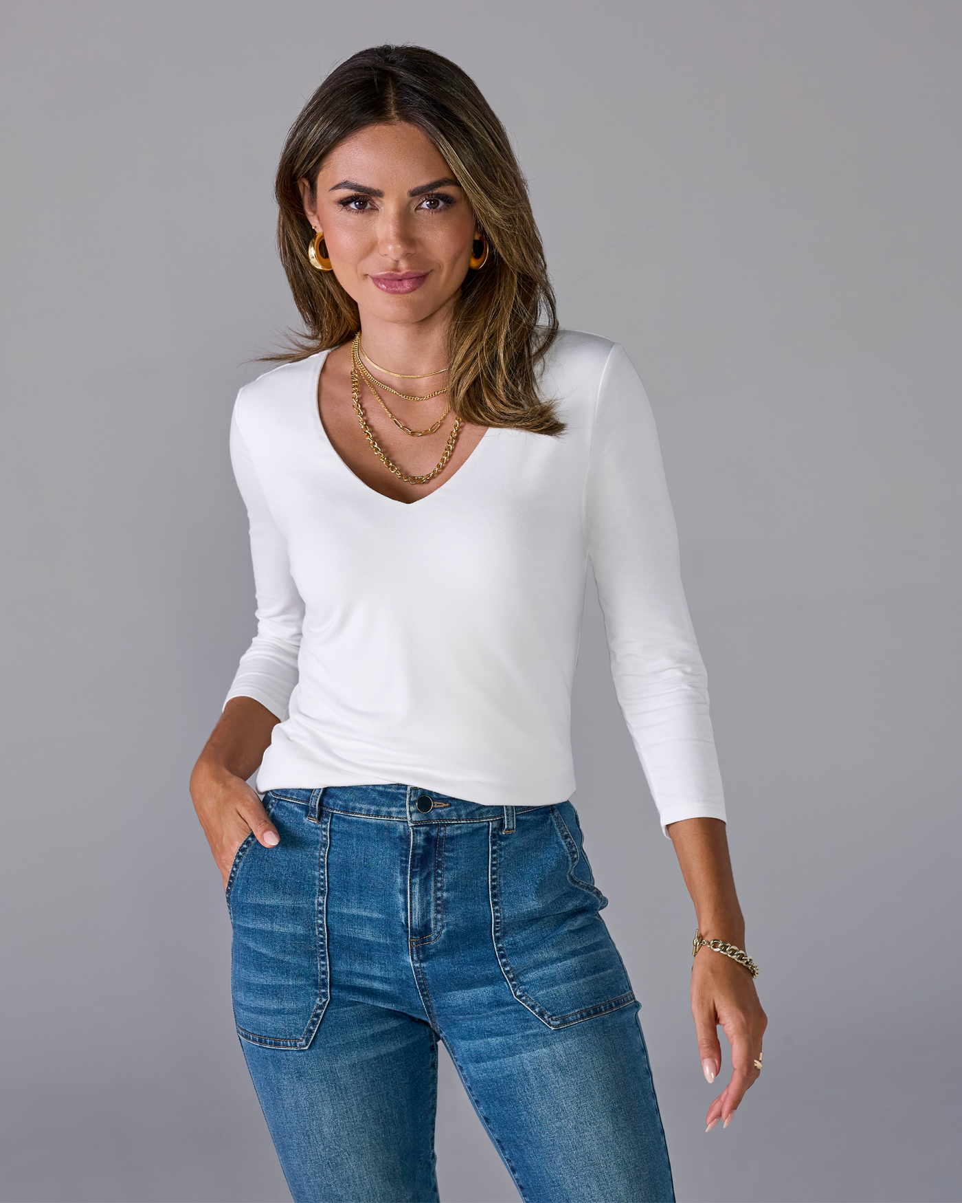 Effortless Three Quarter Sleeve V Neck Pure White