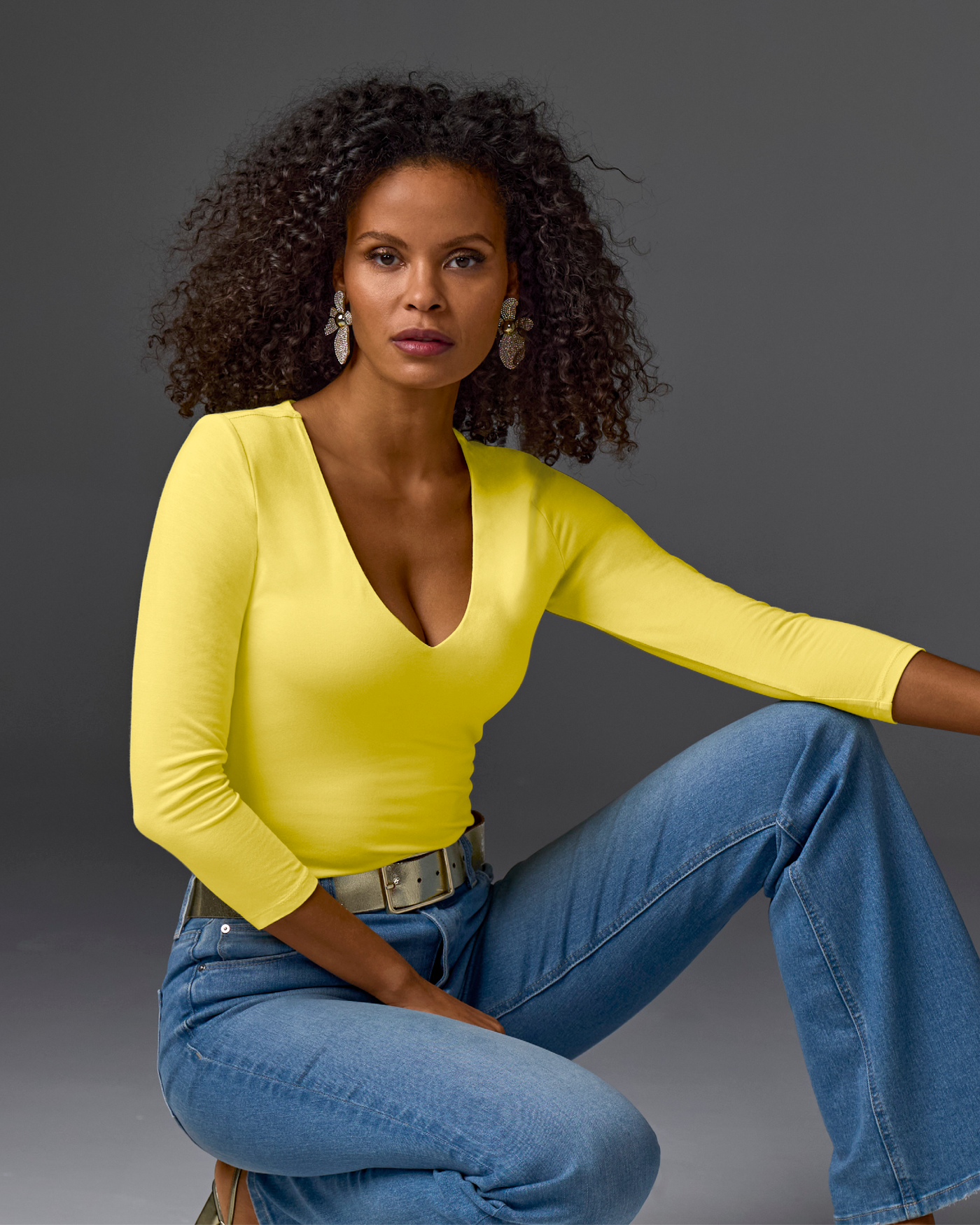 Effortless Three Quarter Sleeve V Neck Lemon Drop
