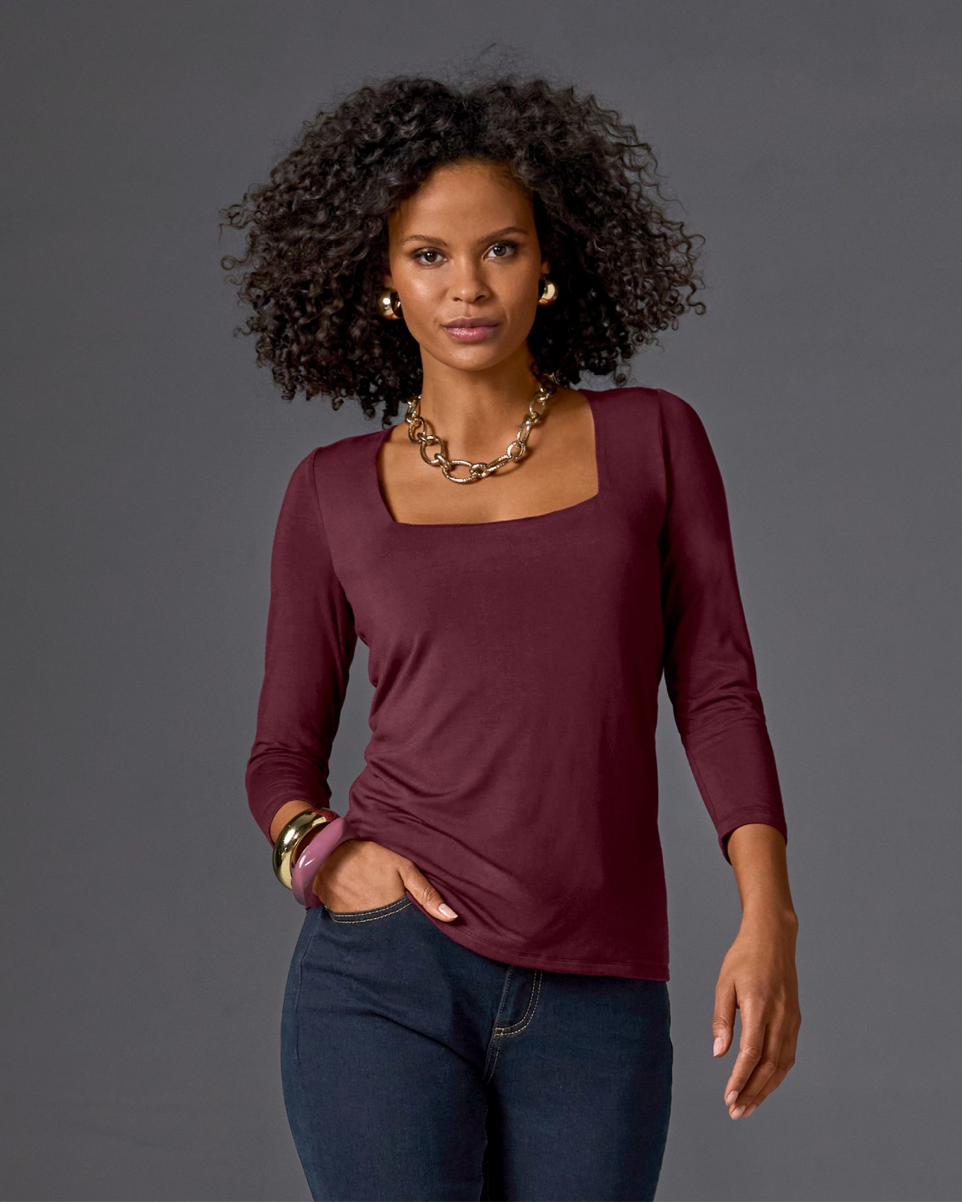 So Effortless Square Neck Three Quarter Sleeve Top Black Cherry