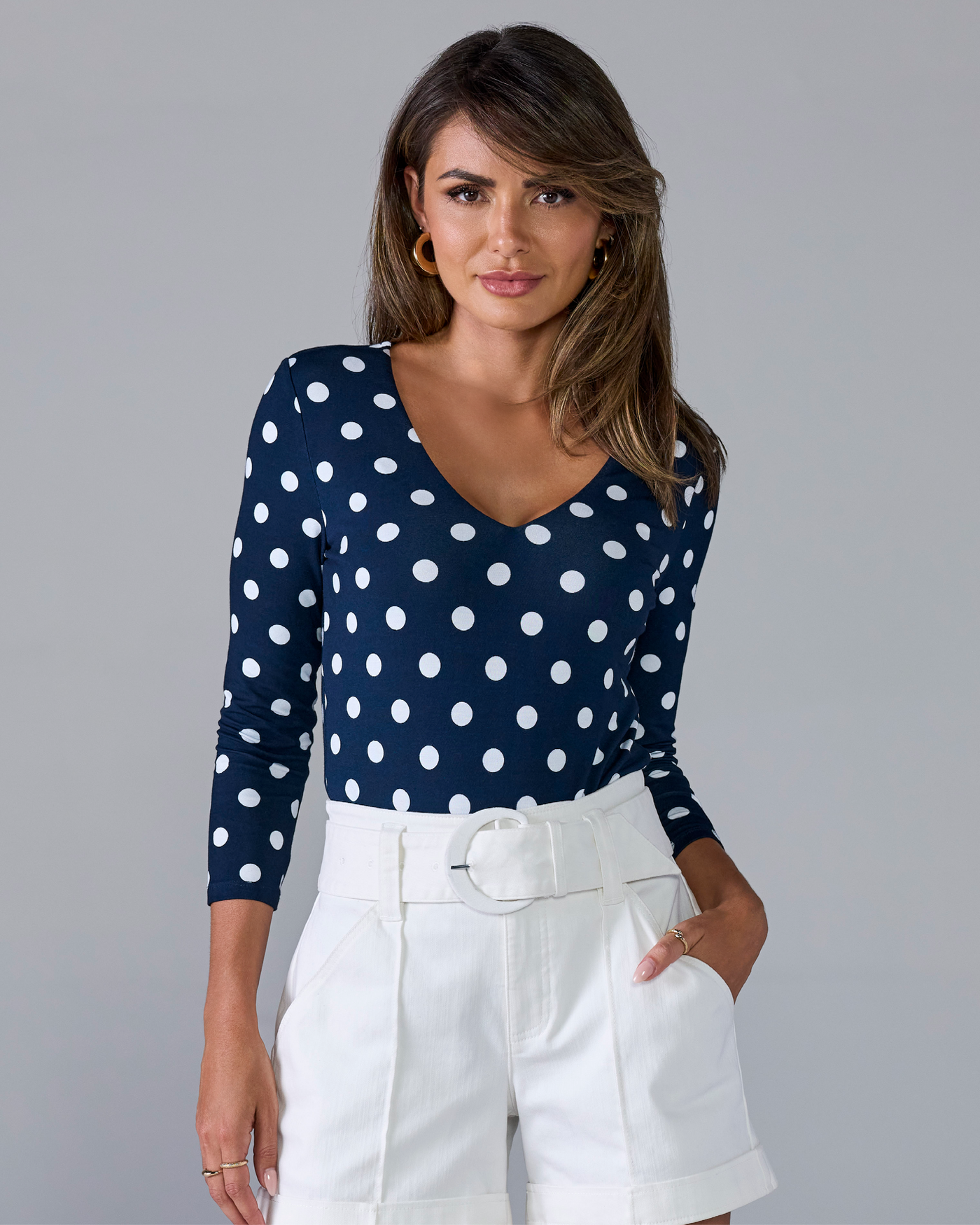Effortless Print V Neck Three Quarter Top Nautical Dot