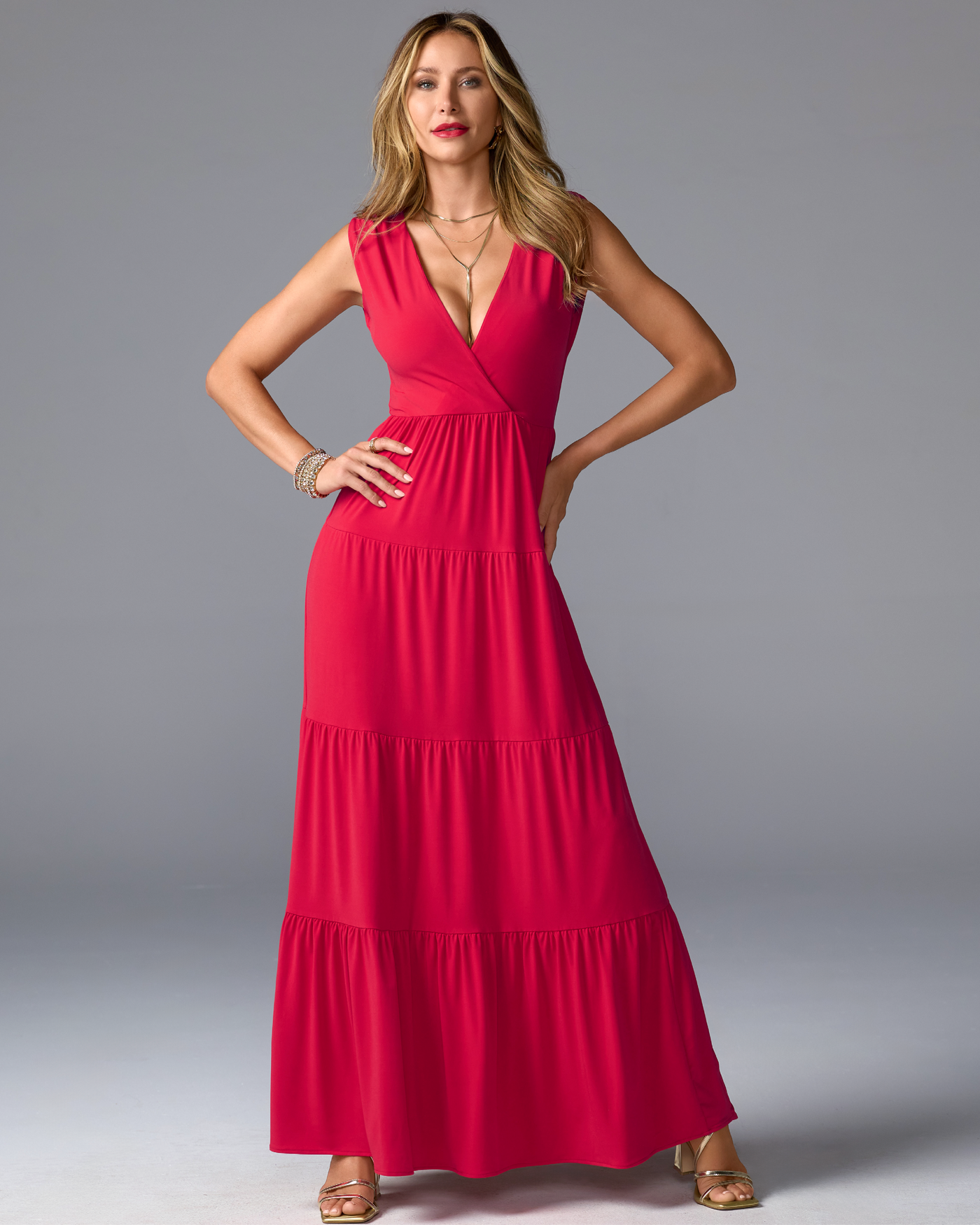 V Neck Tiered Knit Maxi Dress Rose Red