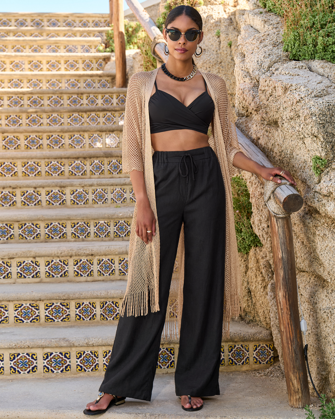 Malibu Wide Leg Drawstring Linen Pant Black