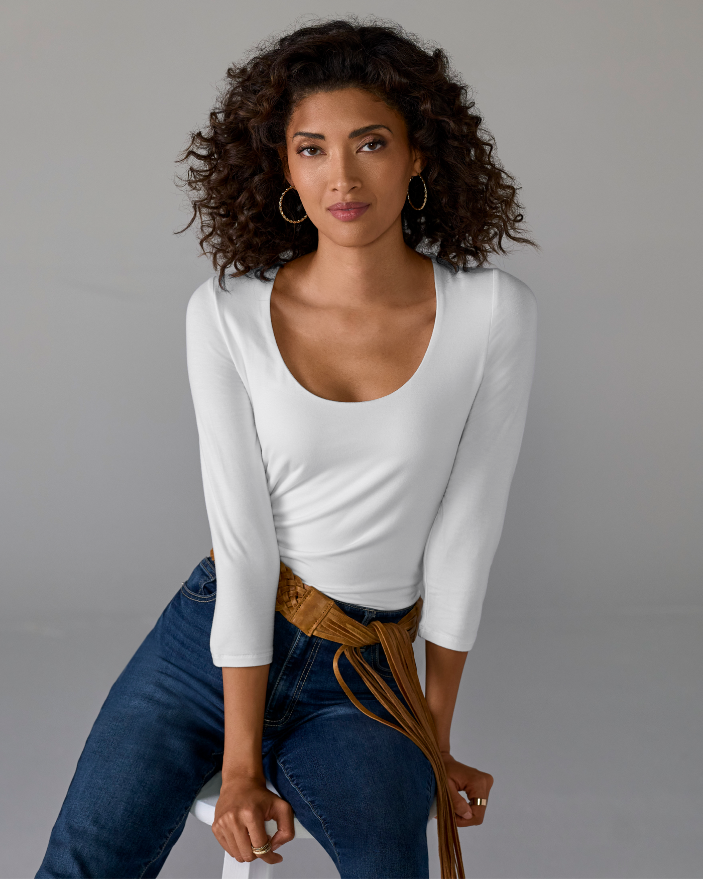 So Effortless Three Quarter Sleeve Scoop Neck Top Pure White