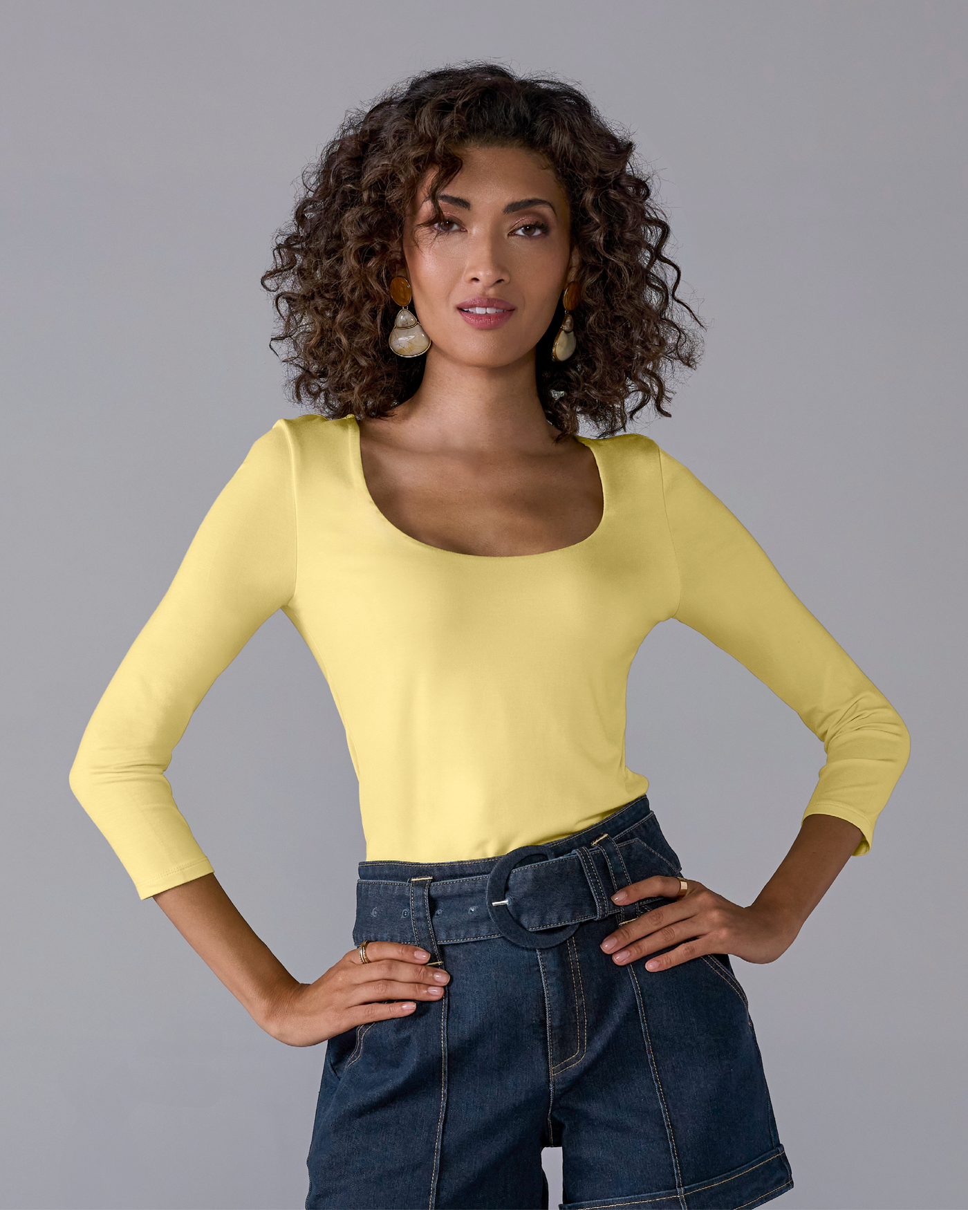 So Effortless Three Quarter Sleeve Scoop Neck Top Pale Banana