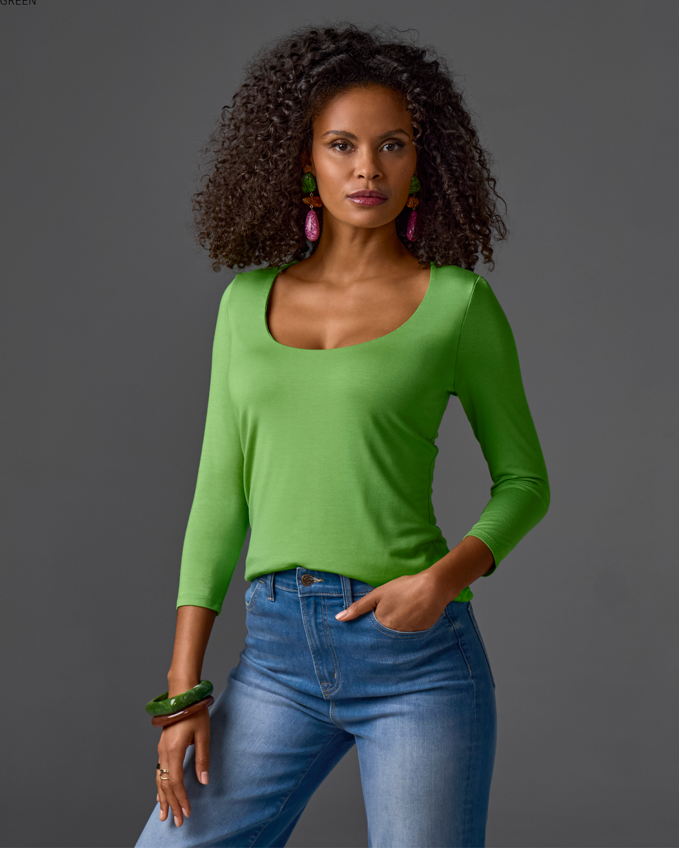 So Effortless Three Quarter Sleeve Scoop Neck Top Bud Green