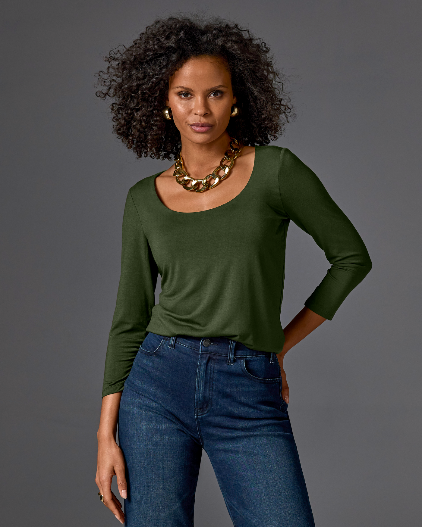 So Effortless Three Quarter Sleeve Scoop Neck Top Forest Night