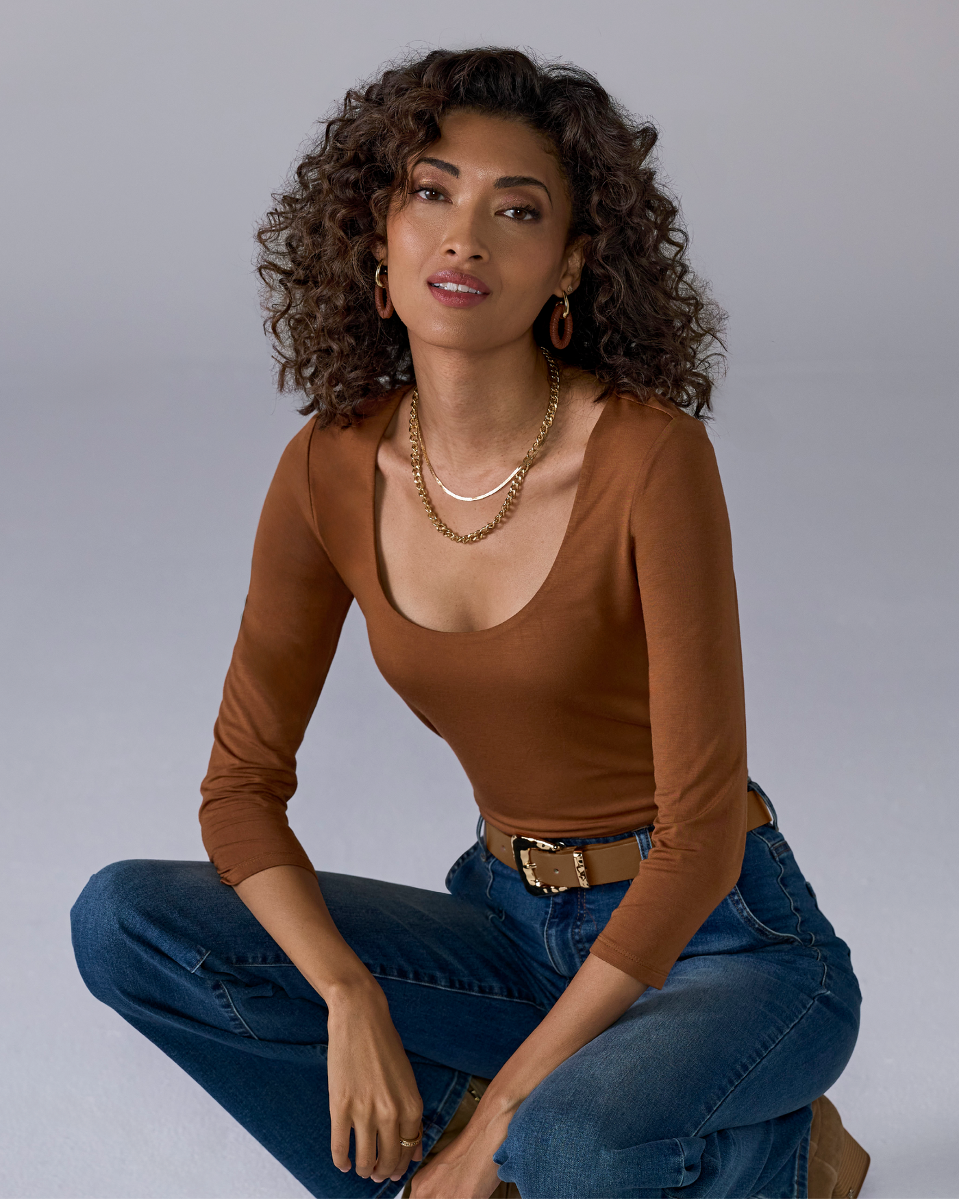 So Effortless Three Quarter Sleeve Scoop Neck Top Tortoise Shell