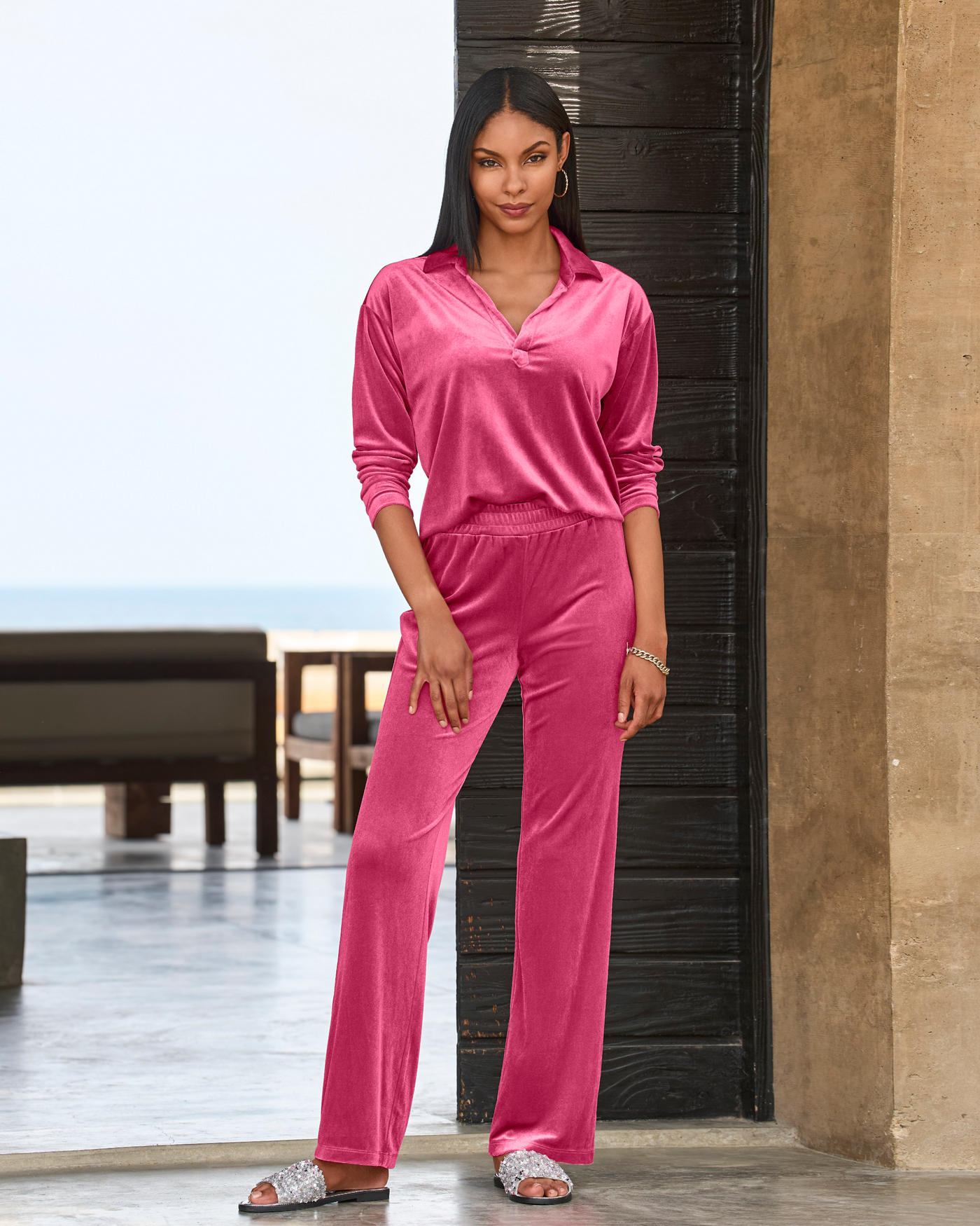 Chic Velour Collared V Neck Wide Leg Pant Set Pink
