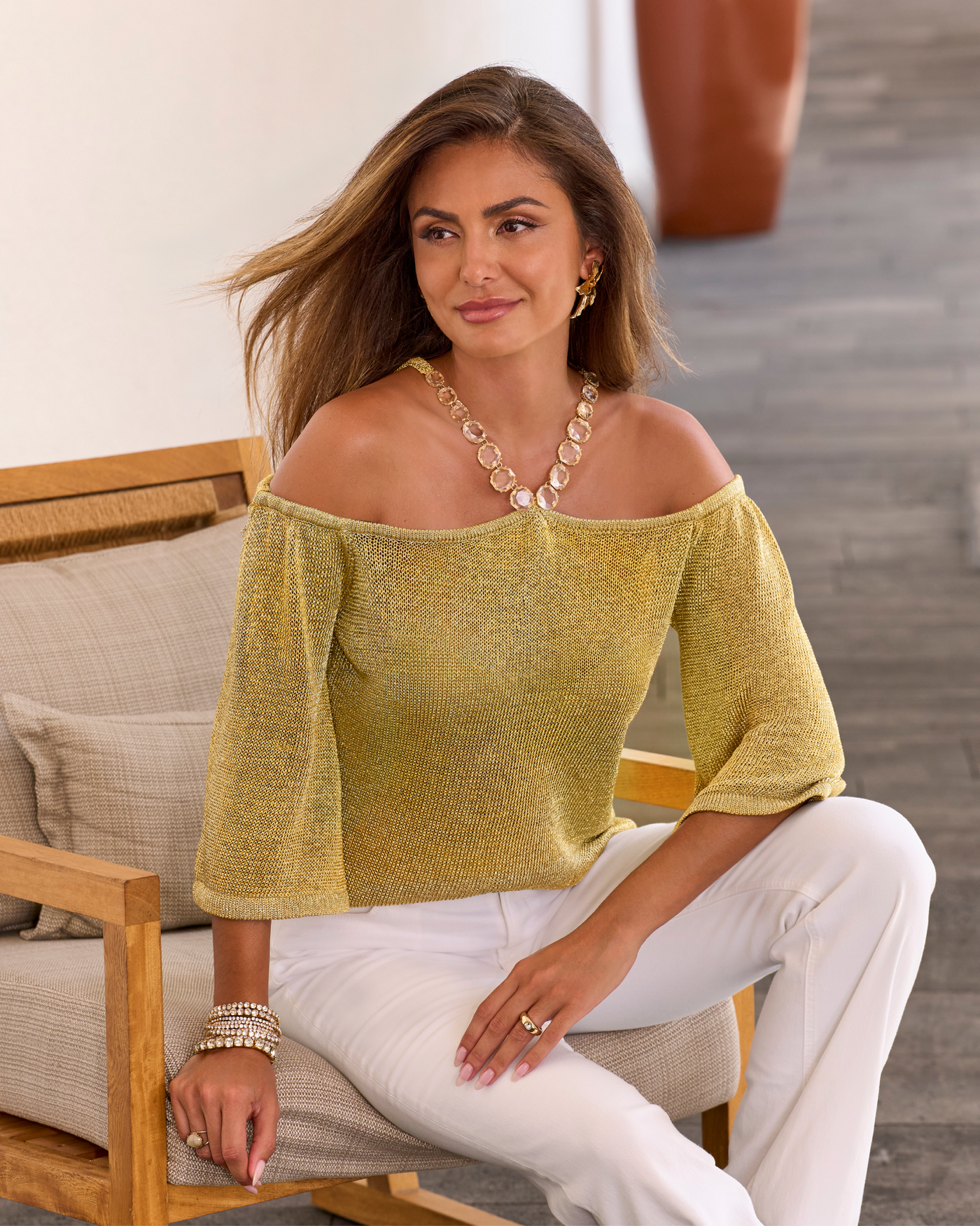Metallic Cold Shoulder Embellished Sweater Gold