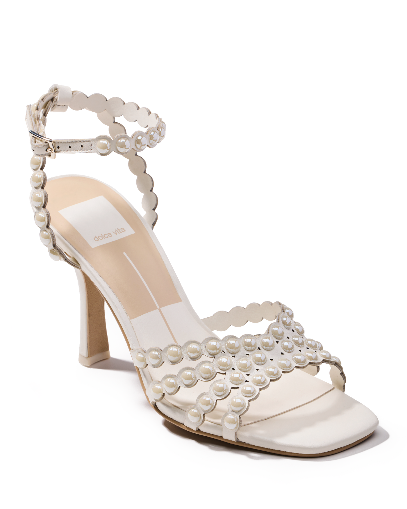Pearl Scallop Ankle Strap Heel White