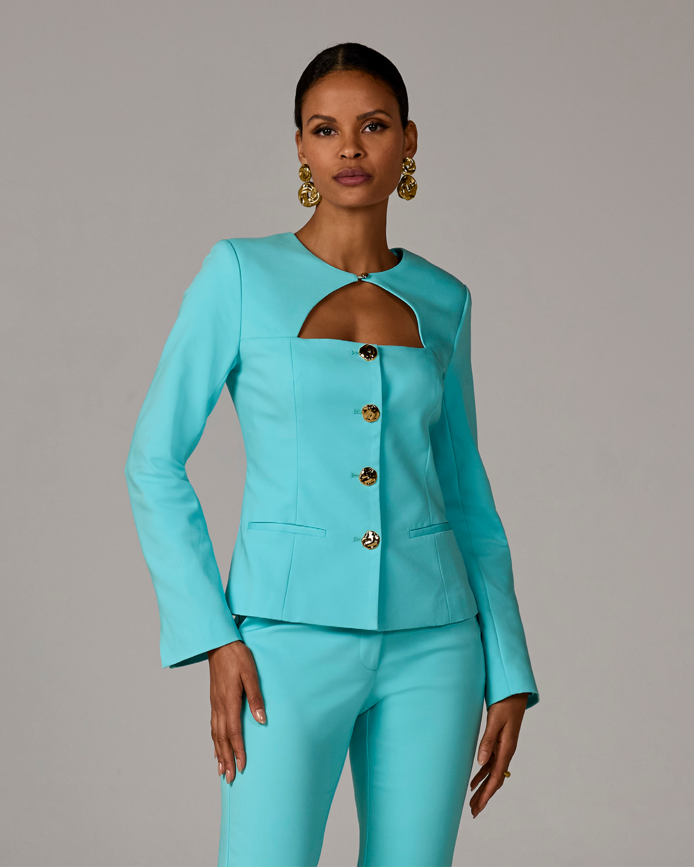 Modern Cutout Novelty Button Peplum Blazer Blue Radiance