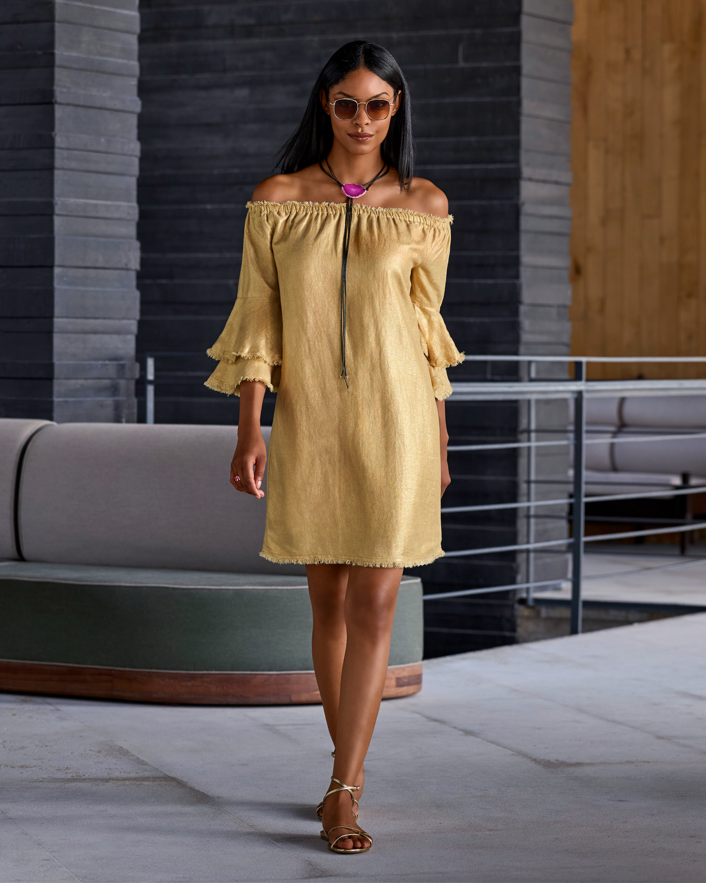 Linen Off The Shoulder Tiered Sleeve Shift Dress Gold