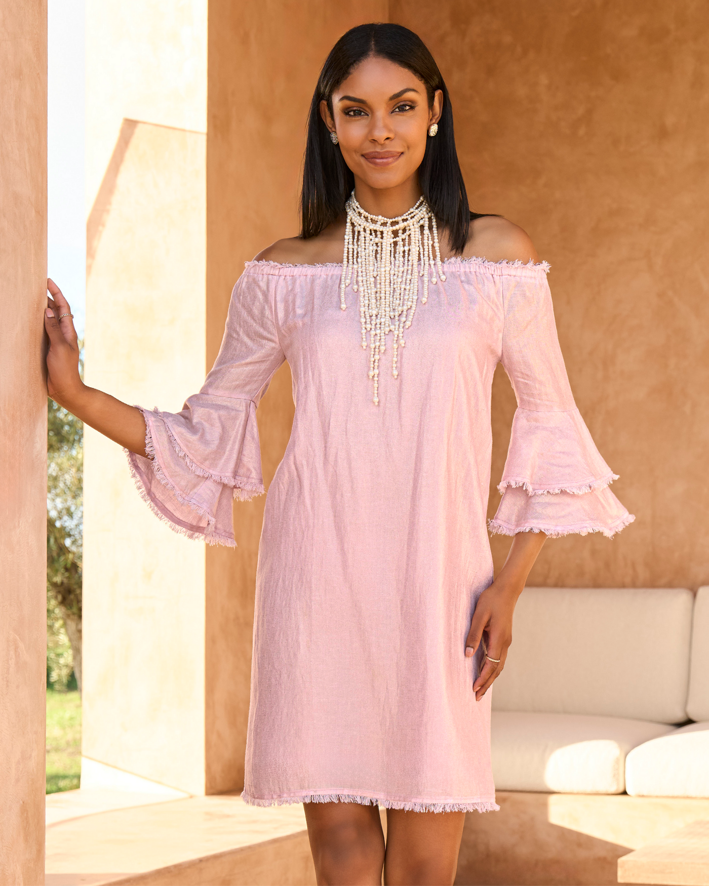Linen Off The Shoulder Tiered Sleeve Shift Dress Roseate